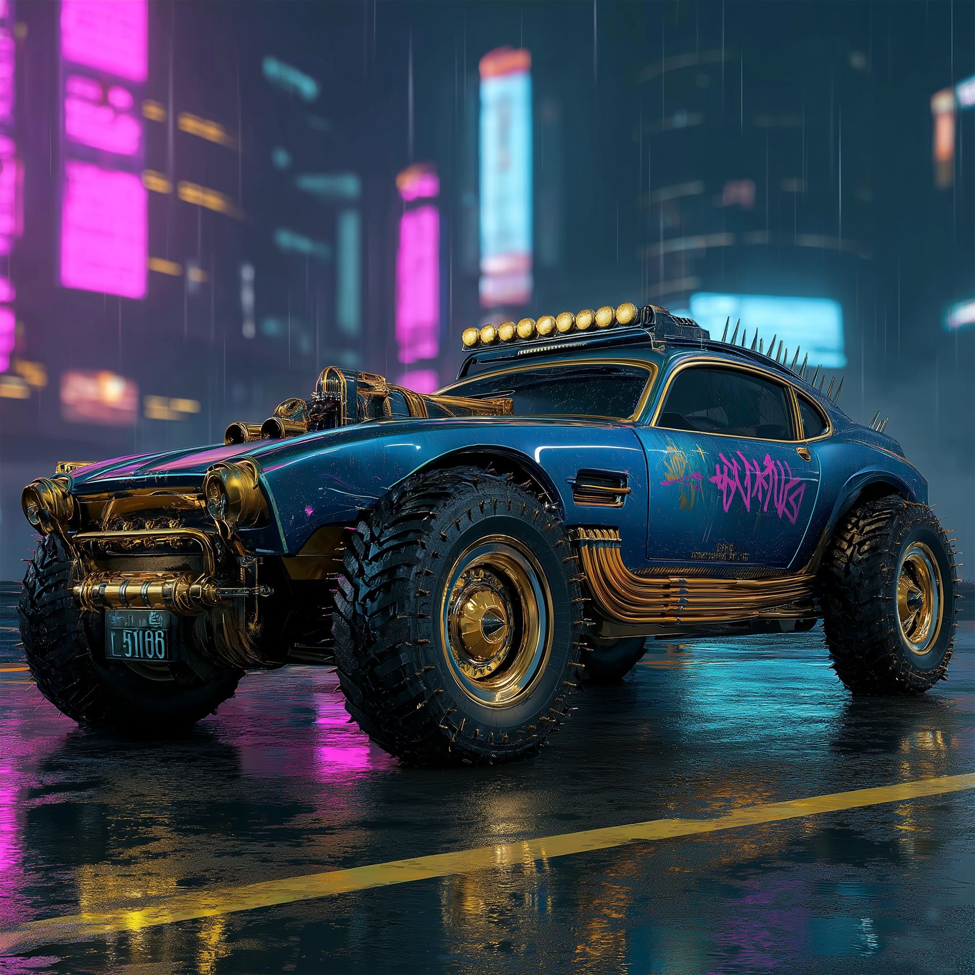 AI Cyberpunk Steampunk Modified Car Neon City，
