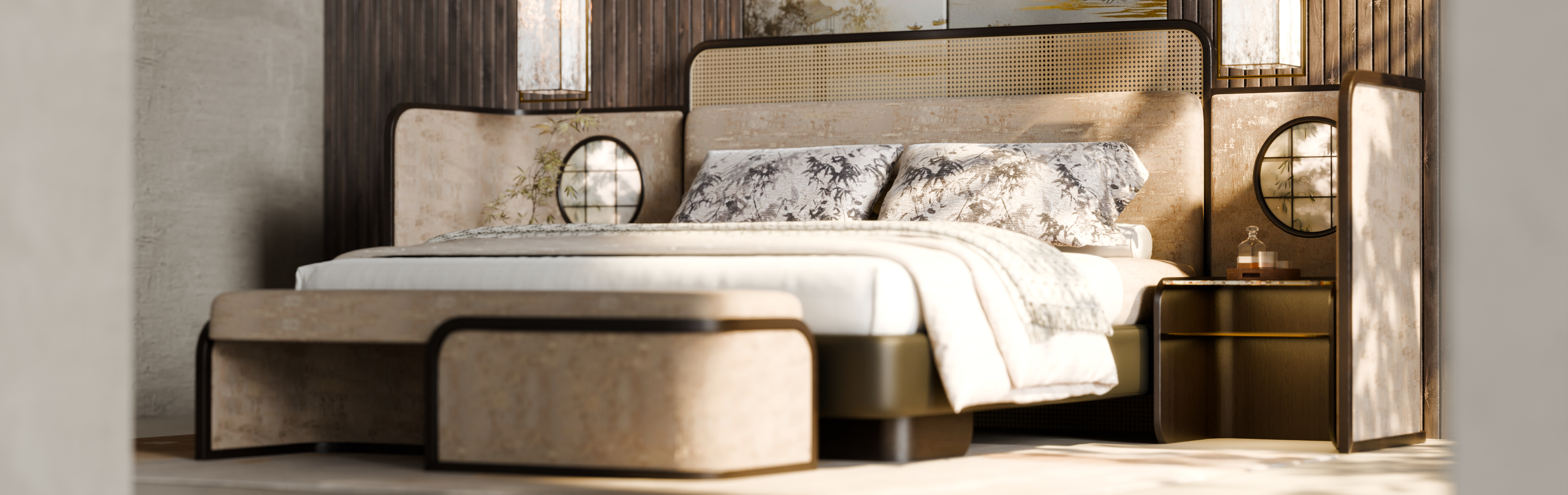 New Chinese style，Bedroom furniture，furniture design ，furniture，original，Song's Aesthetics，Bed，bedside cupboard，