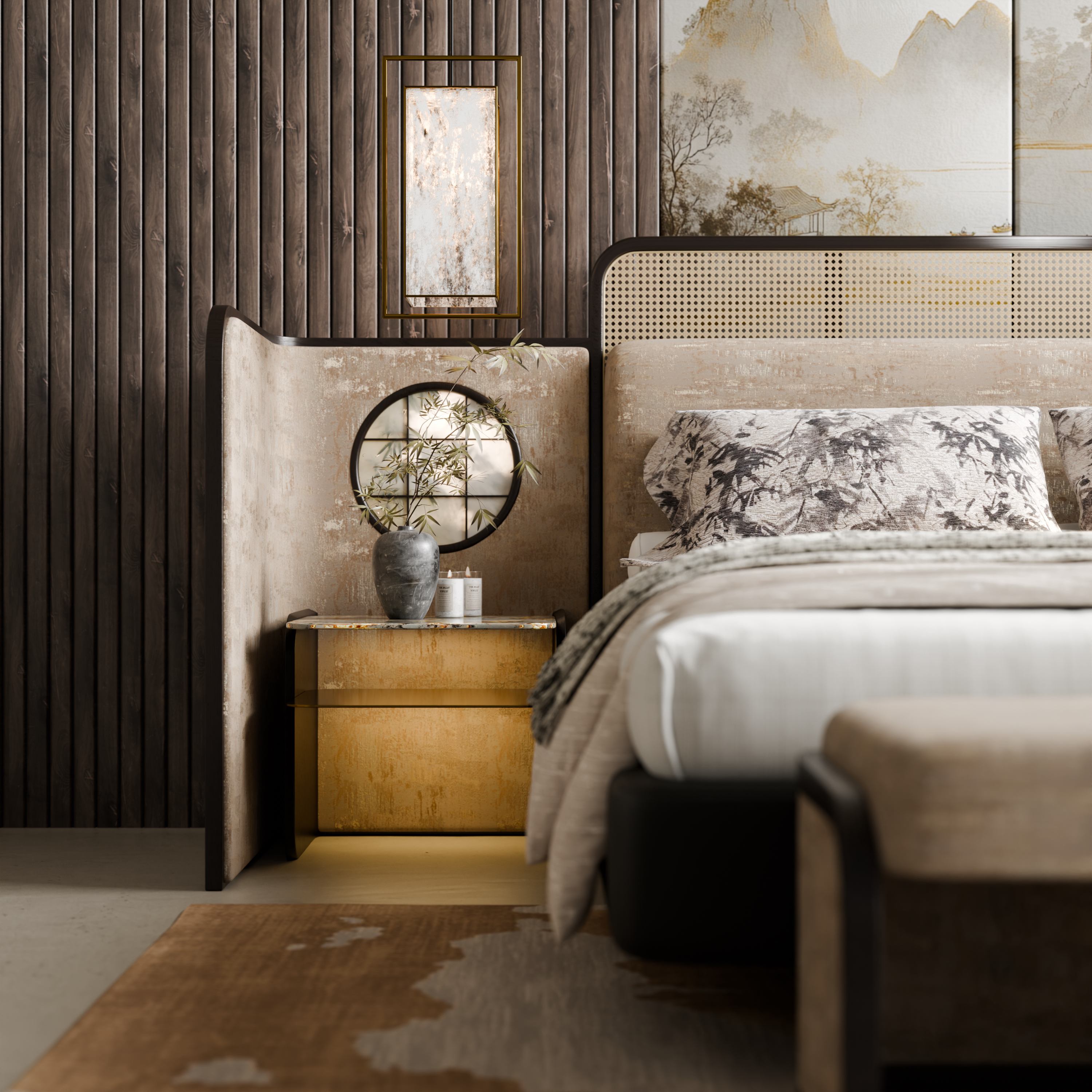 New Chinese style，Bedroom furniture，furniture design ，furniture，original，Song's Aesthetics，Bed，bedside cupboard，