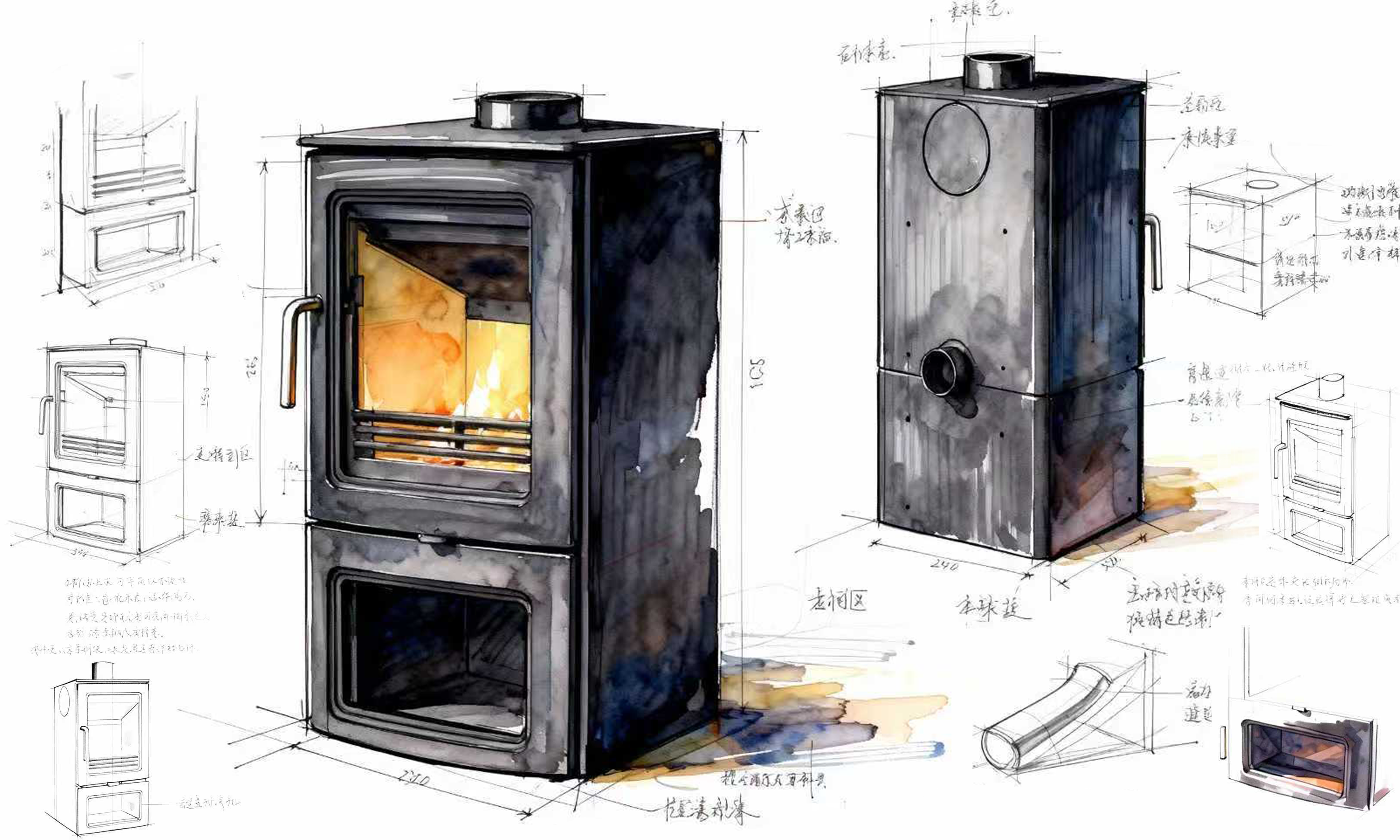 industrial design，Creative design，sheet metal cast iron，Structural design，Prototype production，design analysis ，Wood burning fireplace，True Fire Fireplace，
