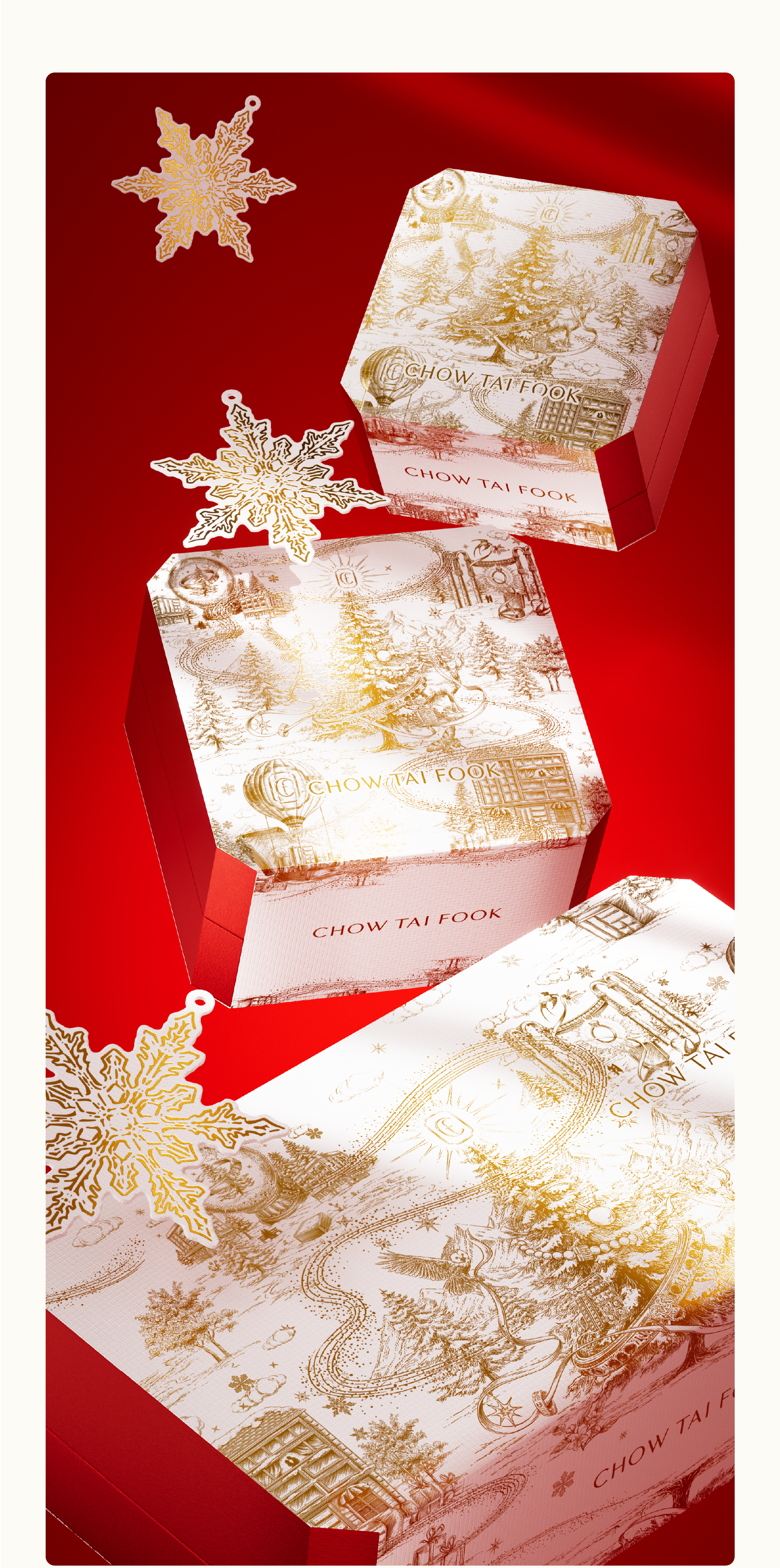 packing design，Illustration packaging，Illustration design，Holiday gift box，Jewelry Gift Box，Christmas Gift Box，3D rendering，Chow Tai Fook，