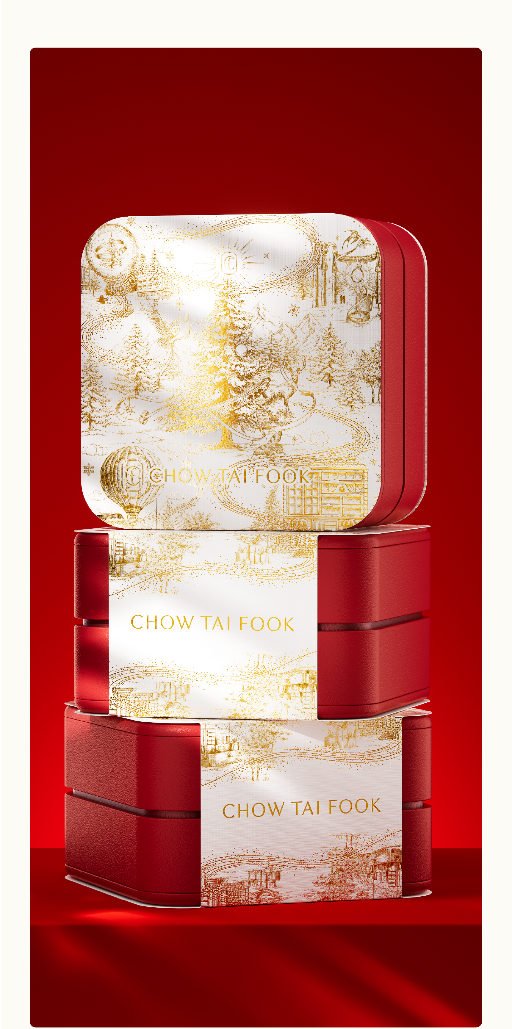 packing design，Illustration packaging，Illustration design，Holiday gift box，Jewelry Gift Box，Christmas Gift Box，3D rendering，Chow Tai Fook，