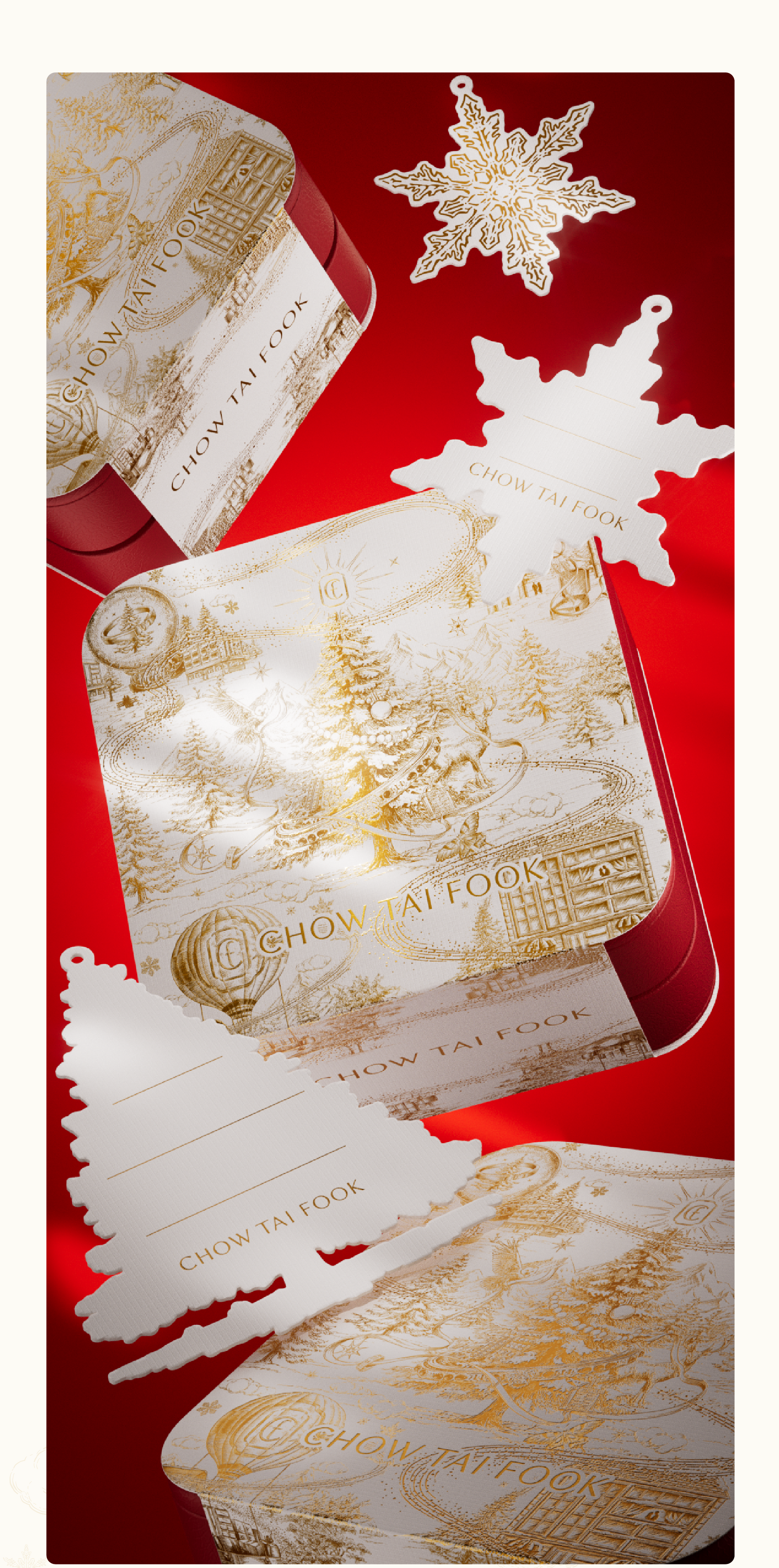 packing design，Illustration packaging，Illustration design，Holiday gift box，Jewelry Gift Box，Christmas Gift Box，3D rendering，Chow Tai Fook，