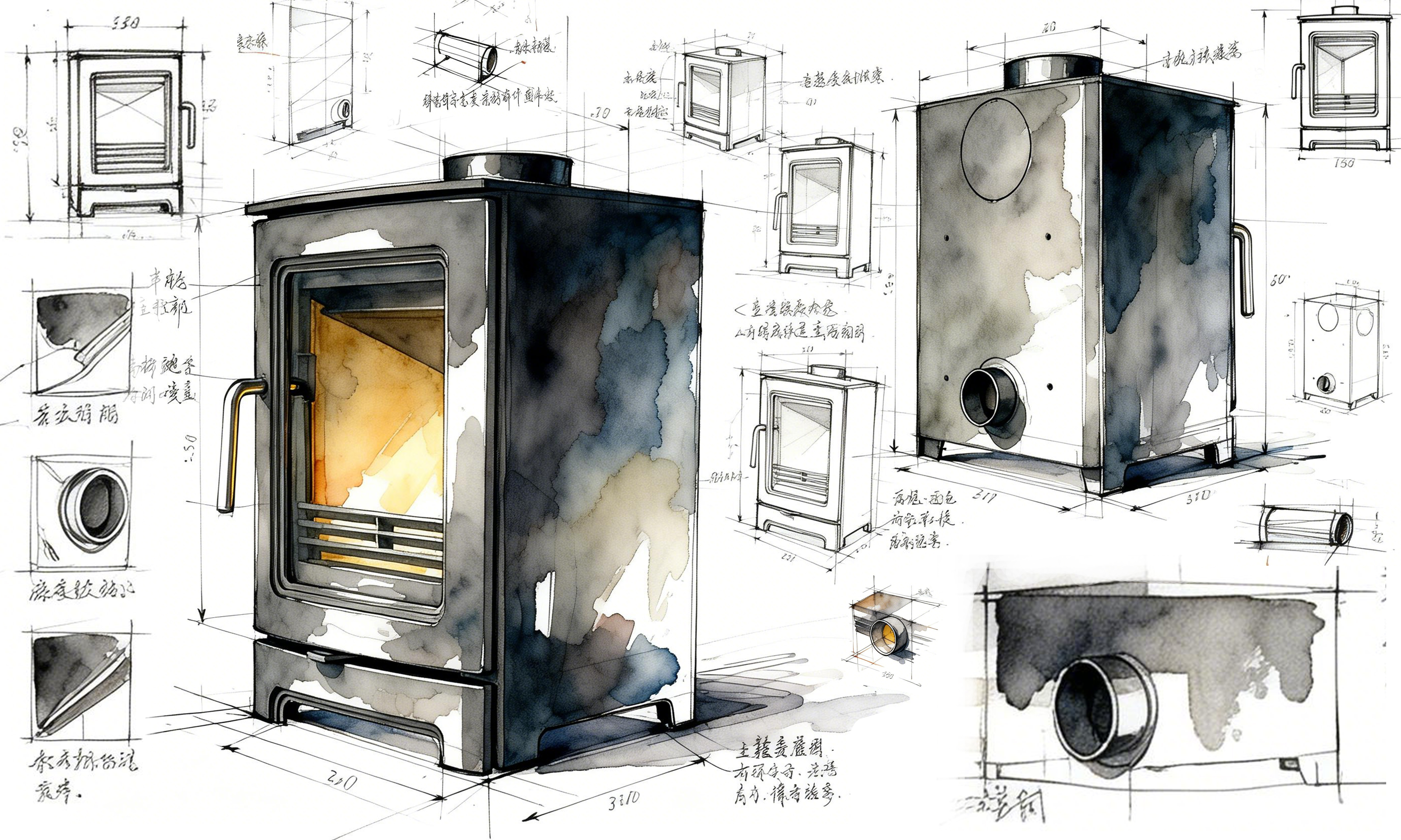 industrial design，Creative design，sheet metal cast iron，Structural design，Prototype production，design analysis ，Wood burning fireplace，True Fire Fireplace，