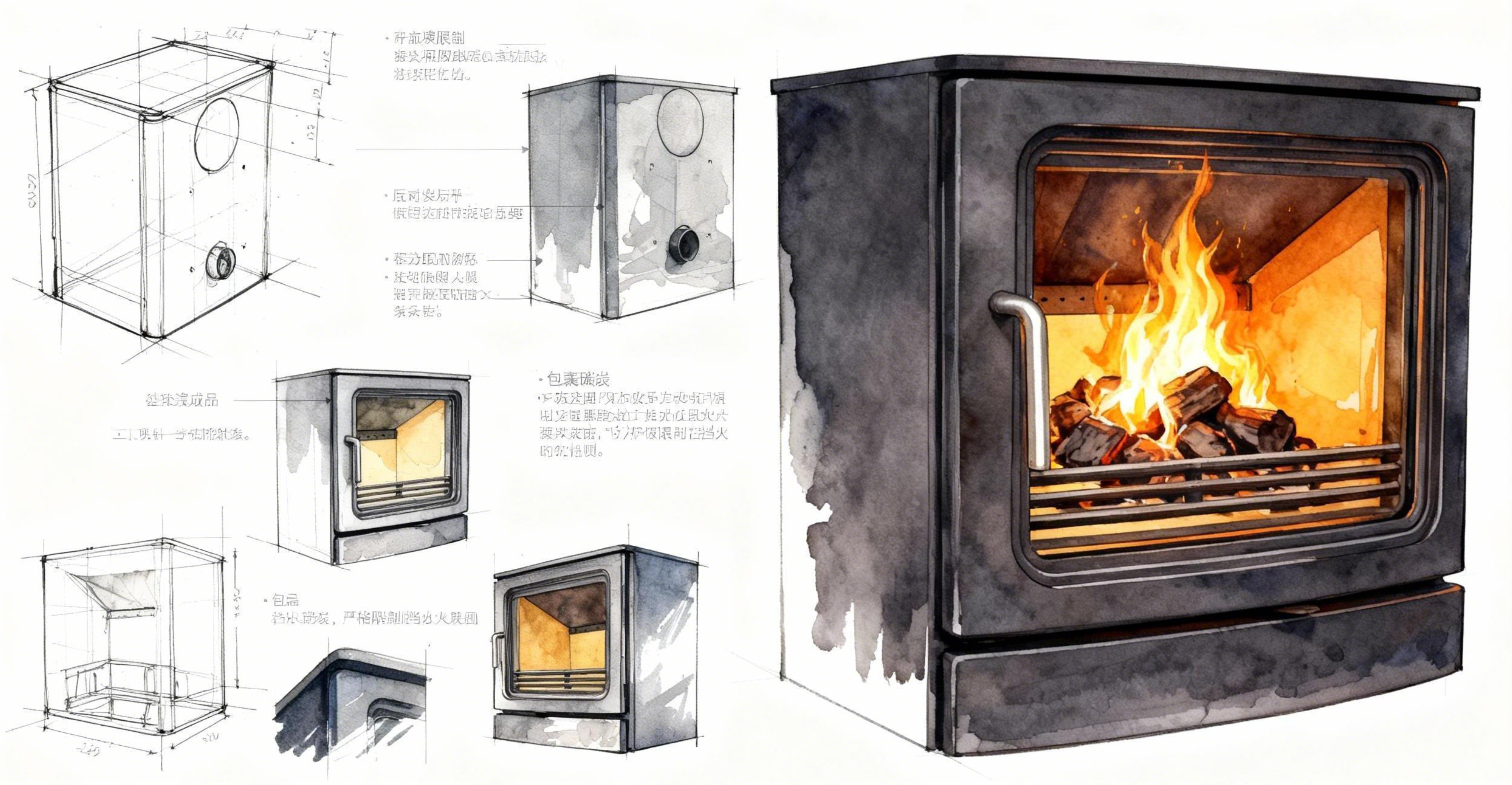 industrial design，Creative design，sheet metal cast iron，Structural design，Prototype production，design analysis ，Wood burning fireplace，True Fire Fireplace，