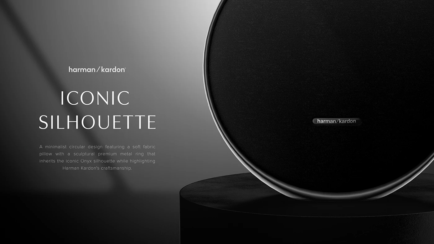 Onyx Studio 9，Round aluminum frame，Acoustic fabric，Minimalist UI，Bluetooth Speaker ，