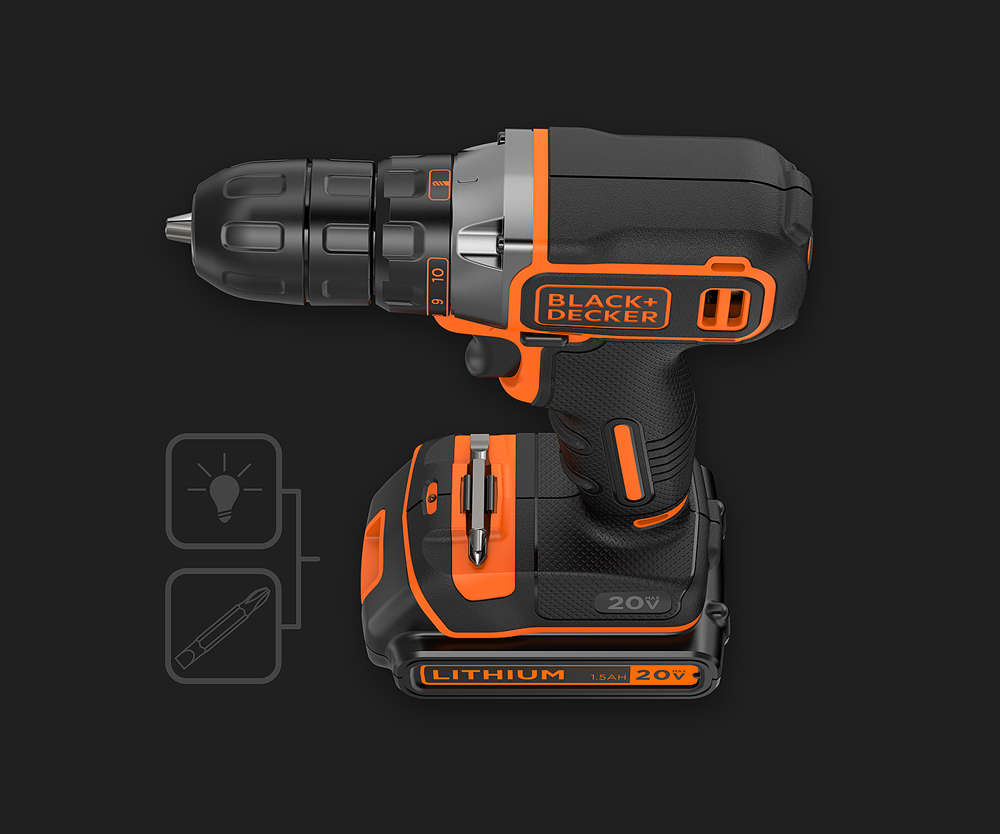 black，Electric drill，DECKER - 20v，