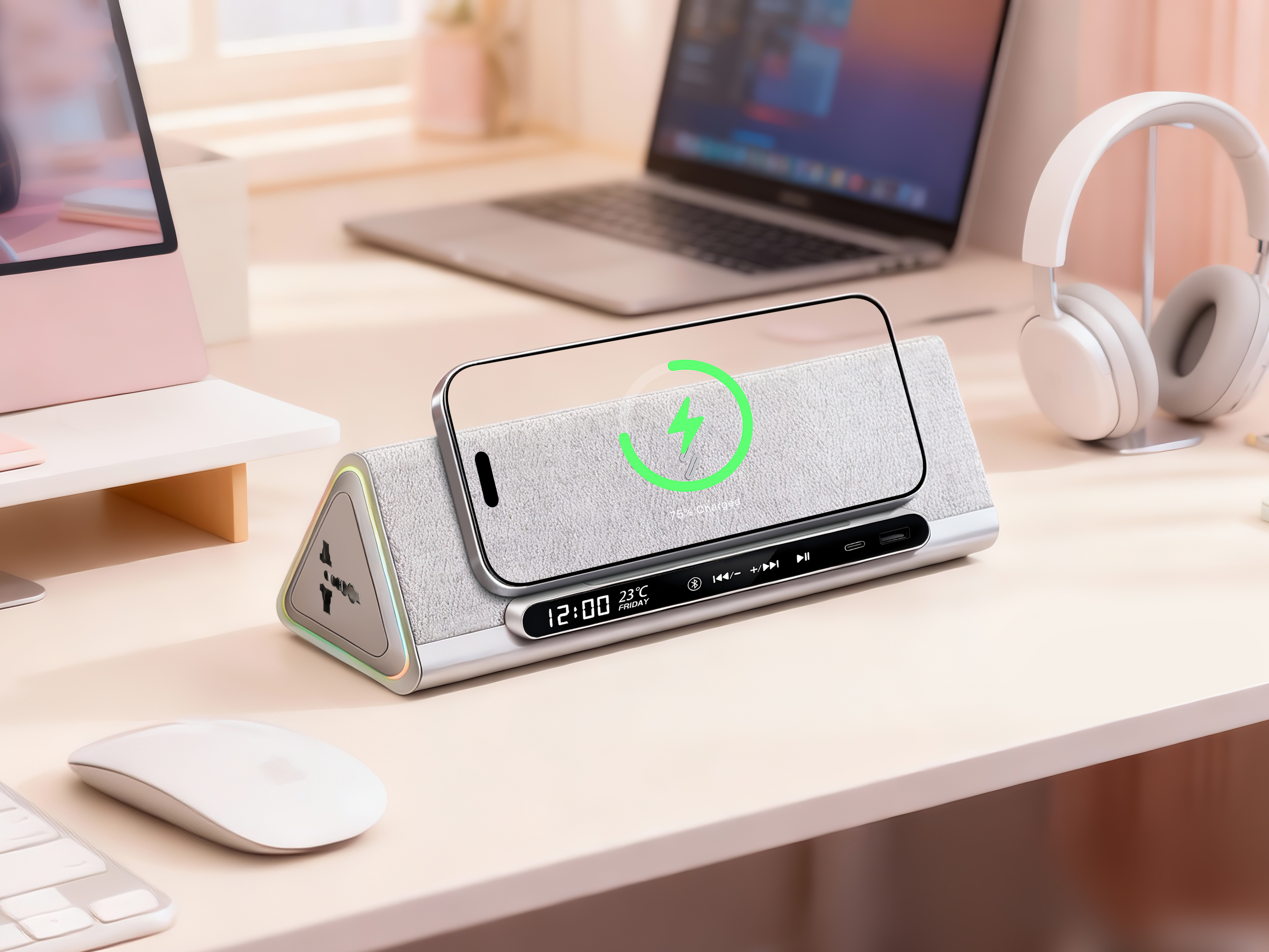 sound，Wireless charging，Row and insert，Clock，Atmosphere lamp，Table setting，