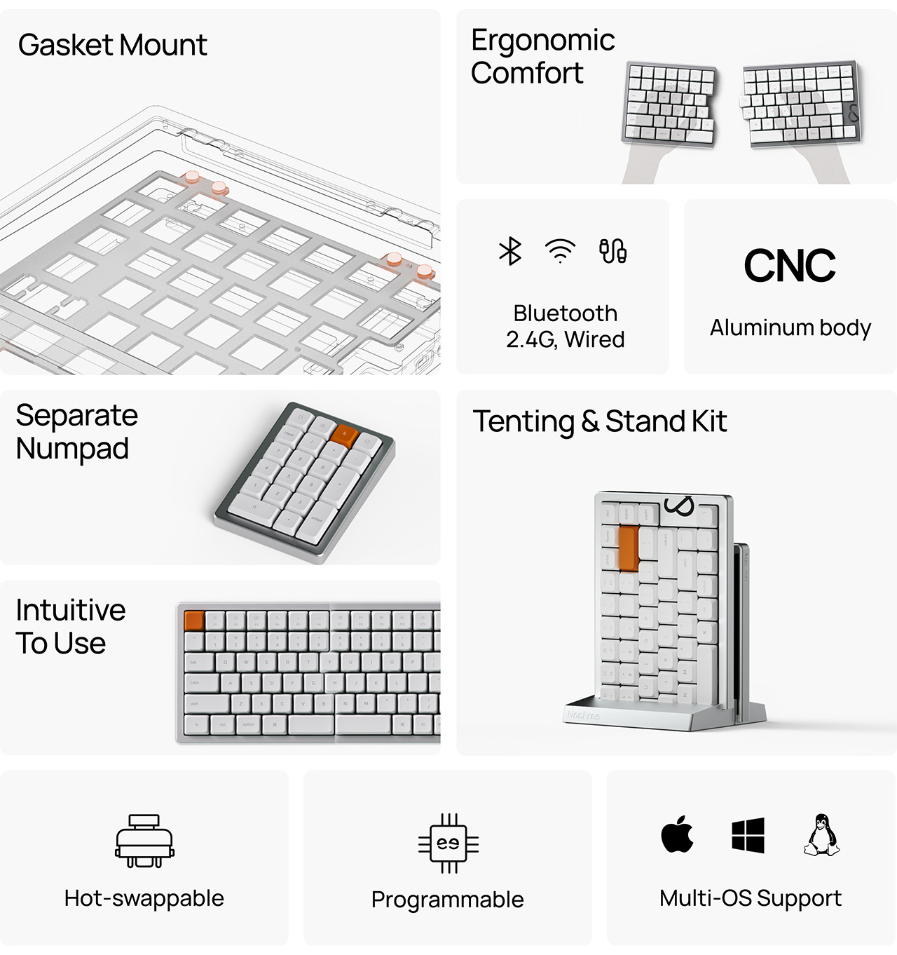 NocFree，Wireless Split Keyboard，Ergonomics，Desktop Art，magnetic attraction connection，