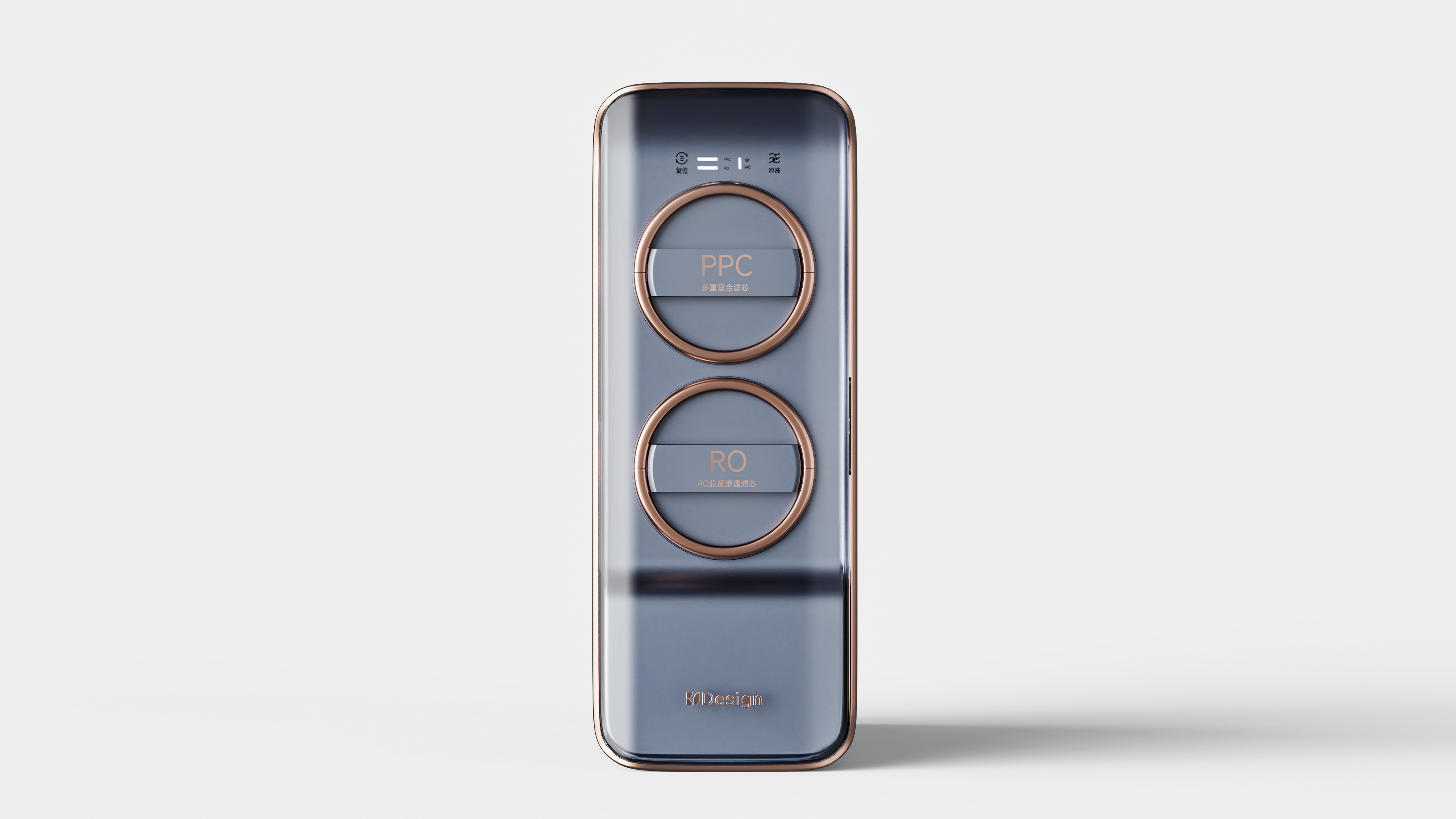 Kitchen water purifier，Minimalist Industrial Design，Tech look，high permeability acrylic，Double filter element visualization，suspended structure，Kitchen Aesthetics，Modern home，