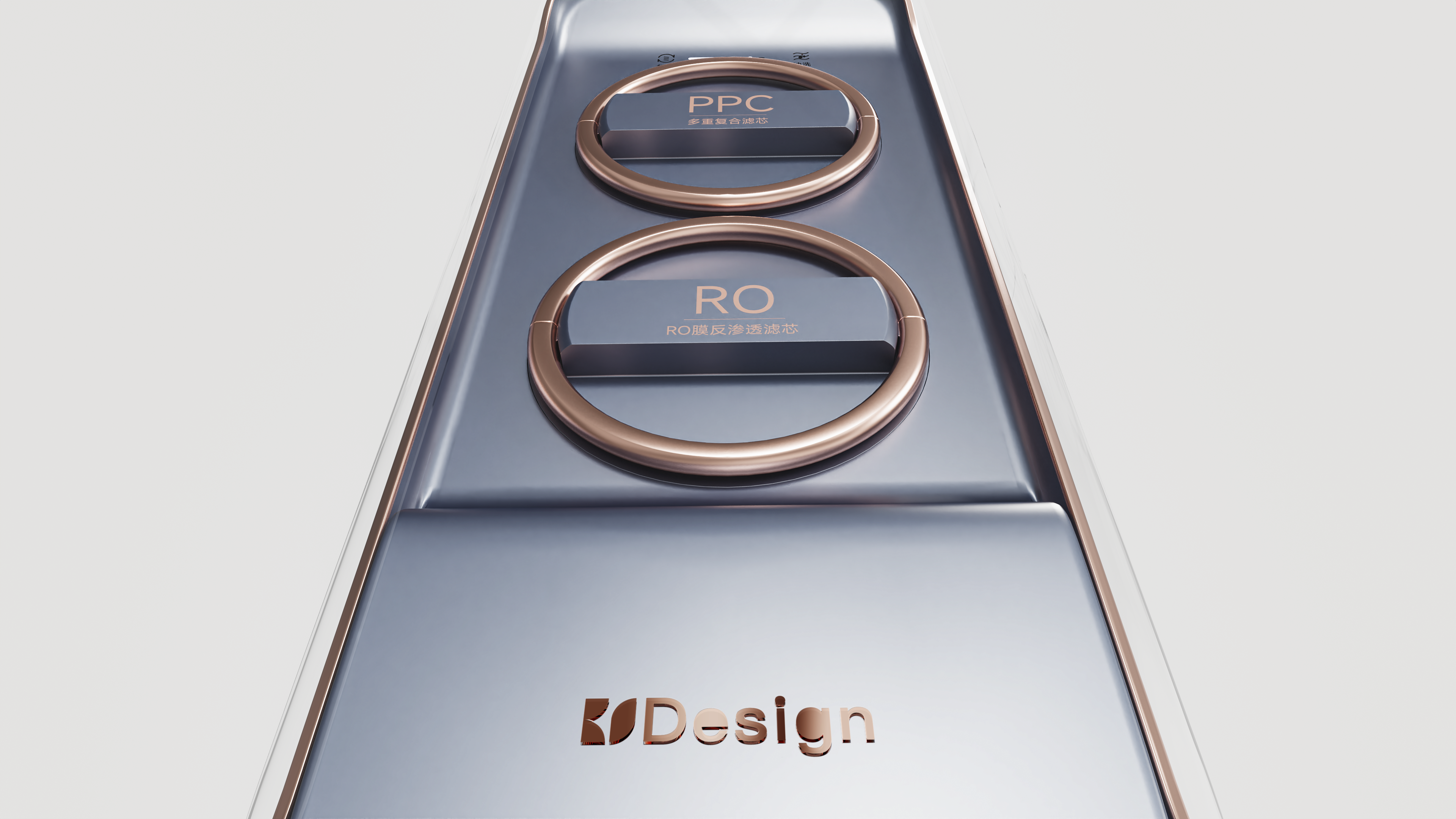 Kitchen water purifier，Minimalist Industrial Design，Tech look，high permeability acrylic，Double filter element visualization，suspended structure，Kitchen Aesthetics，Modern home，