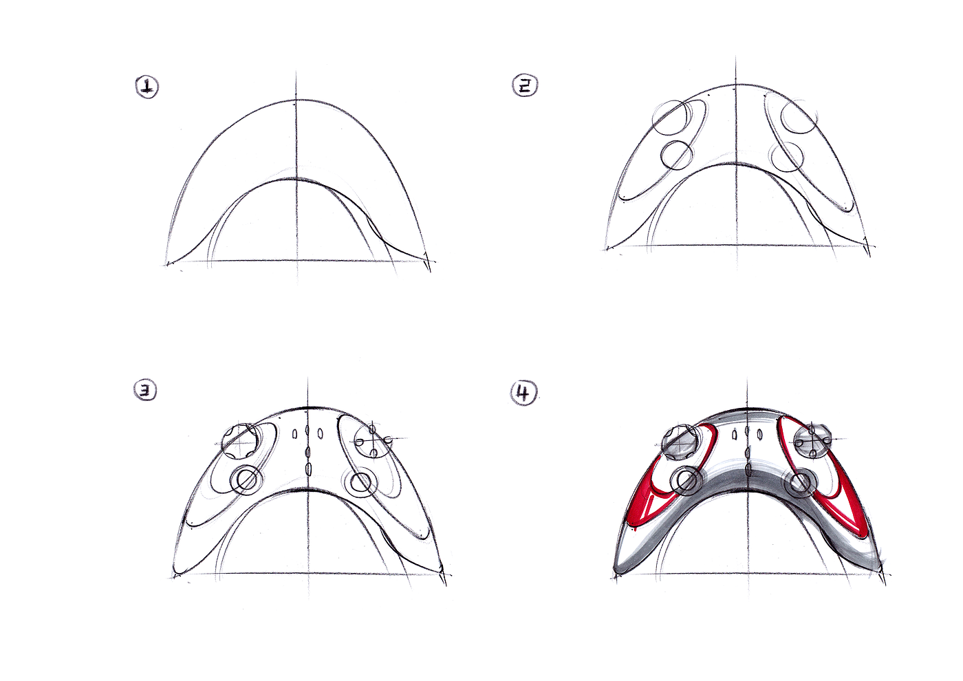 工业设计手绘步骤图，工业产品手绘步鄹图，游戏手柄，工业产品手绘效果图，