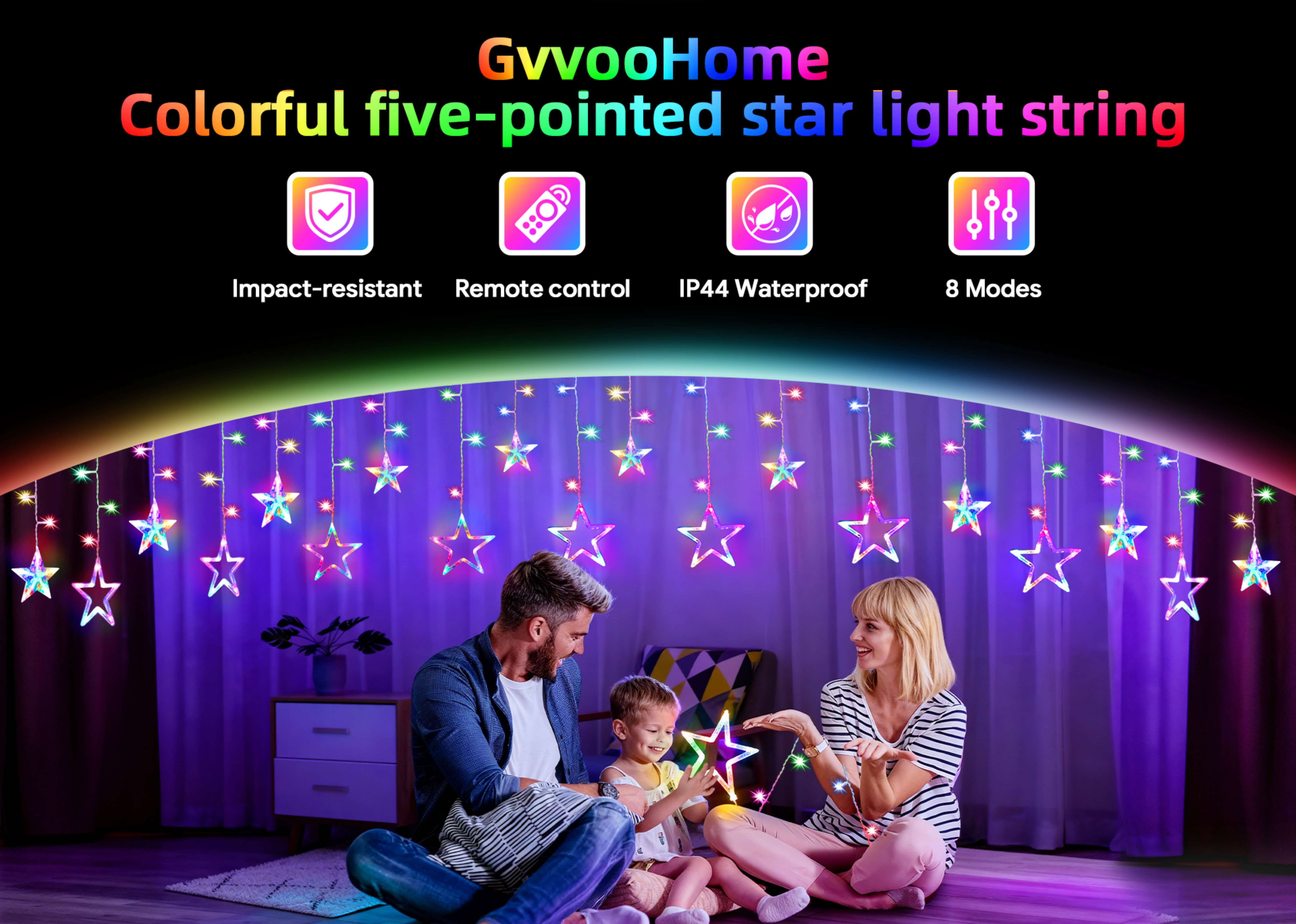 color five-pointed star，Magic Light String，