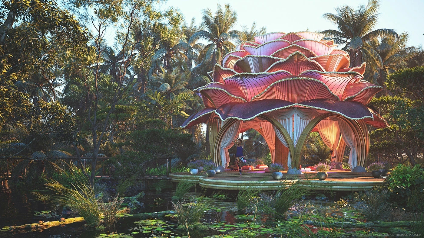 Rose Bloom Pavilion，rose petals，bamboo arch dome，Geometric design，Rest place，