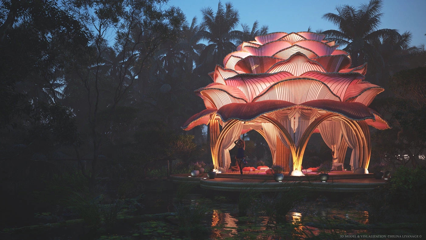Rose Bloom Pavilion，rose petals，bamboo arch dome，Geometric design，Rest place，