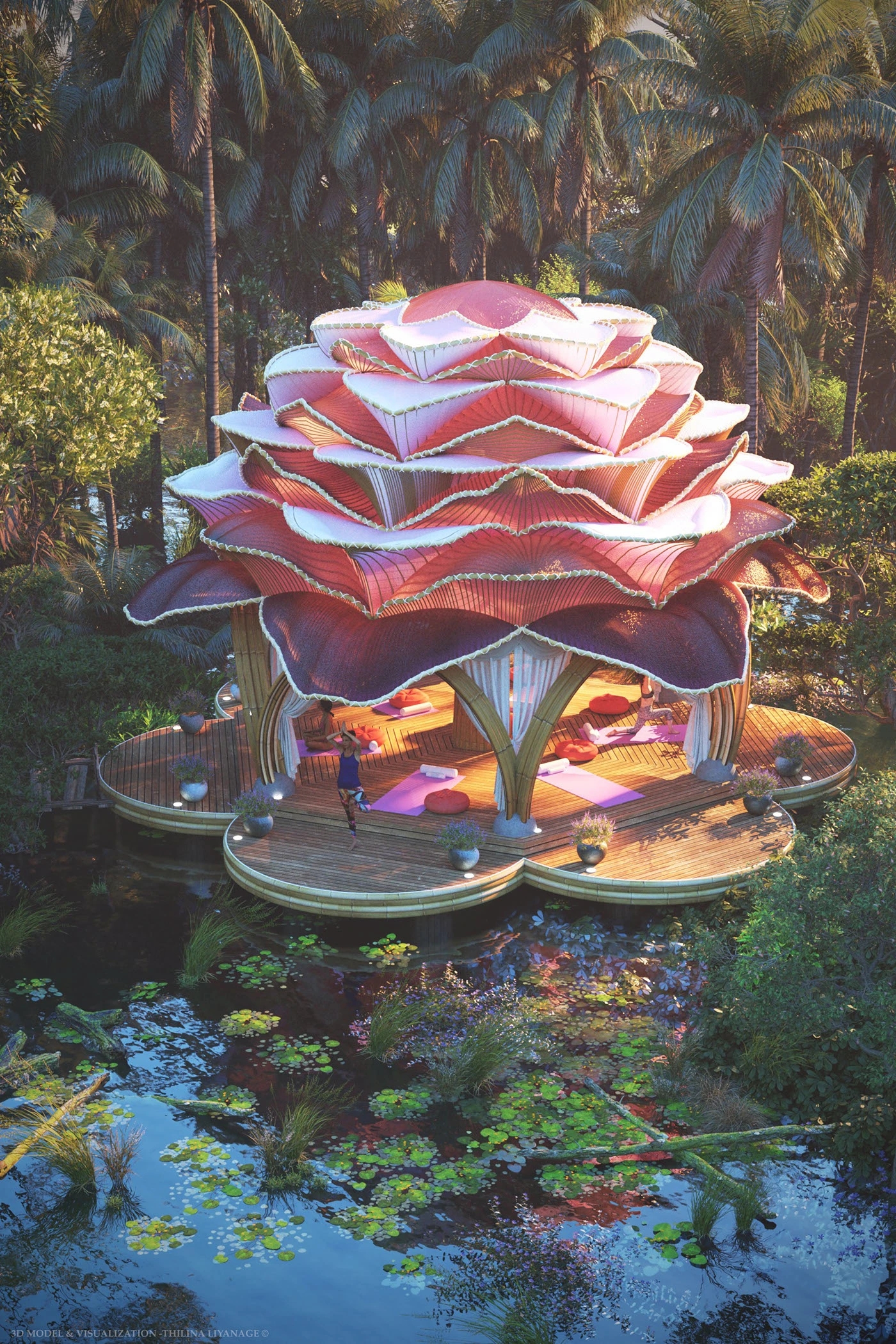 Rose Bloom Pavilion，rose petals，bamboo arch dome，Geometric design，Rest place，