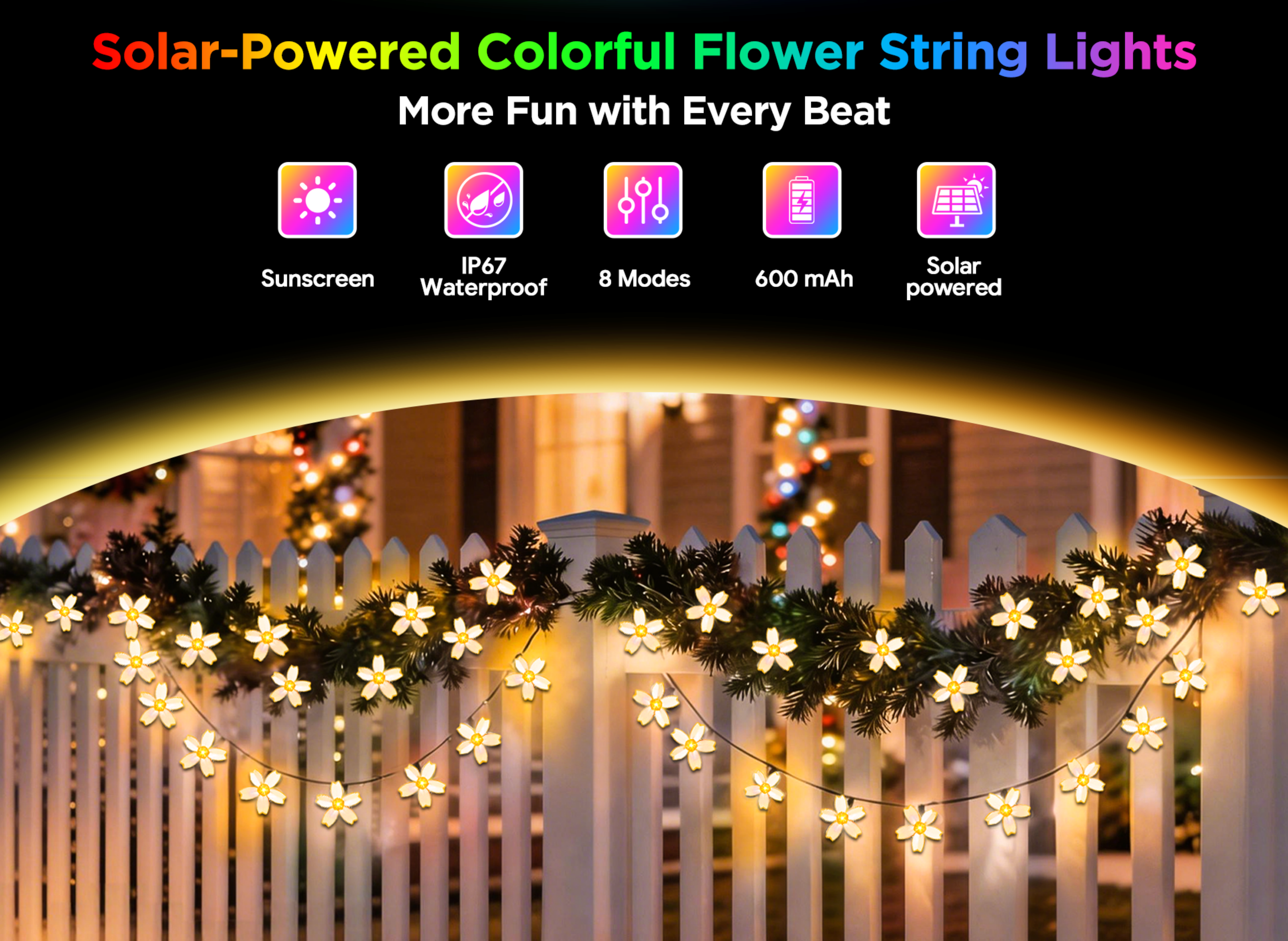 Solar-powered colorful string lights，solar light string，Festival light string，