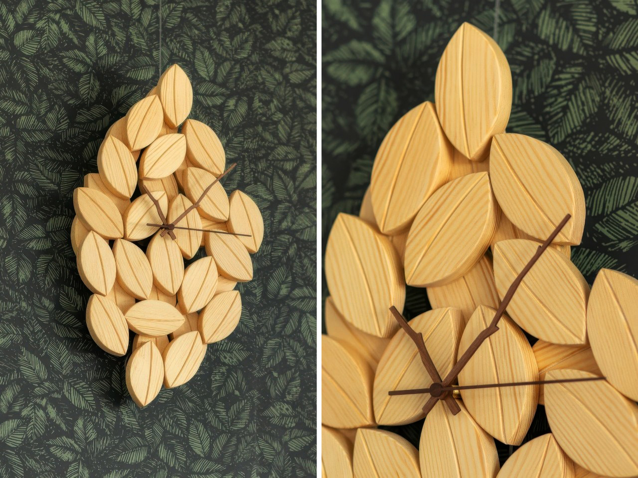 Foglie wall clock，Pine clock，Hand carving，leaf，