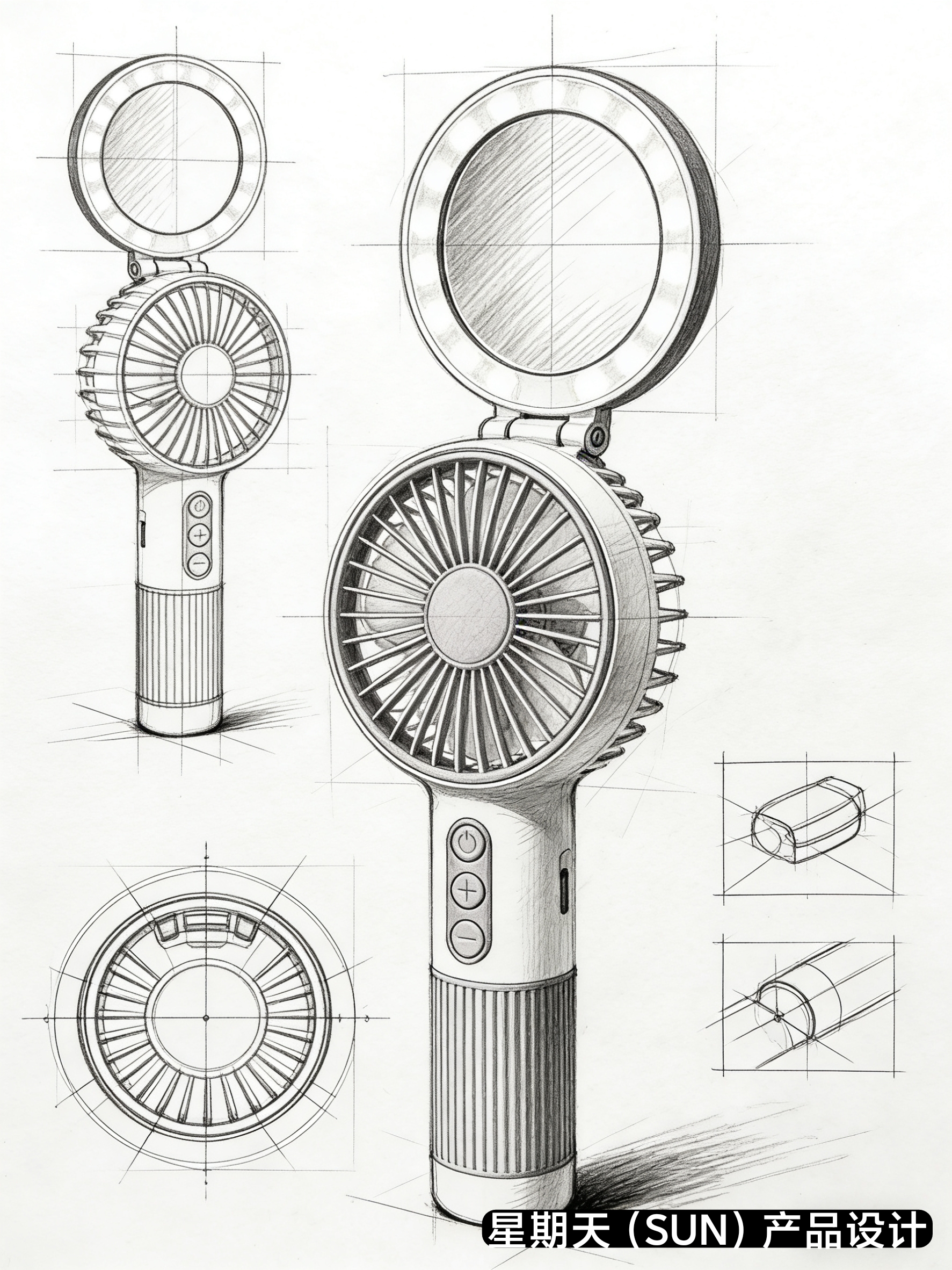 Handheld fan，Cosmetic mirror，lighting，