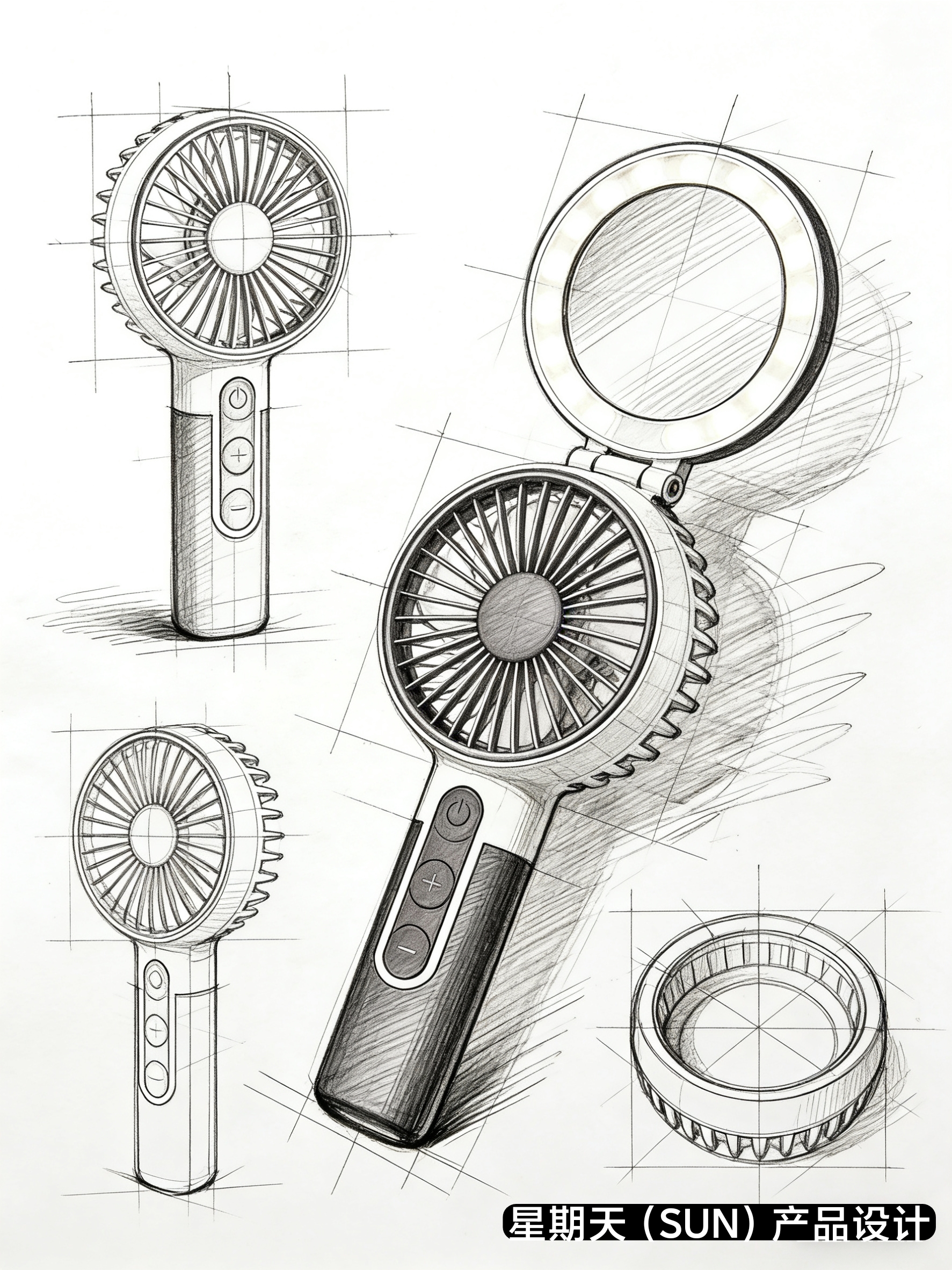 Handheld fan，Cosmetic mirror，lighting，