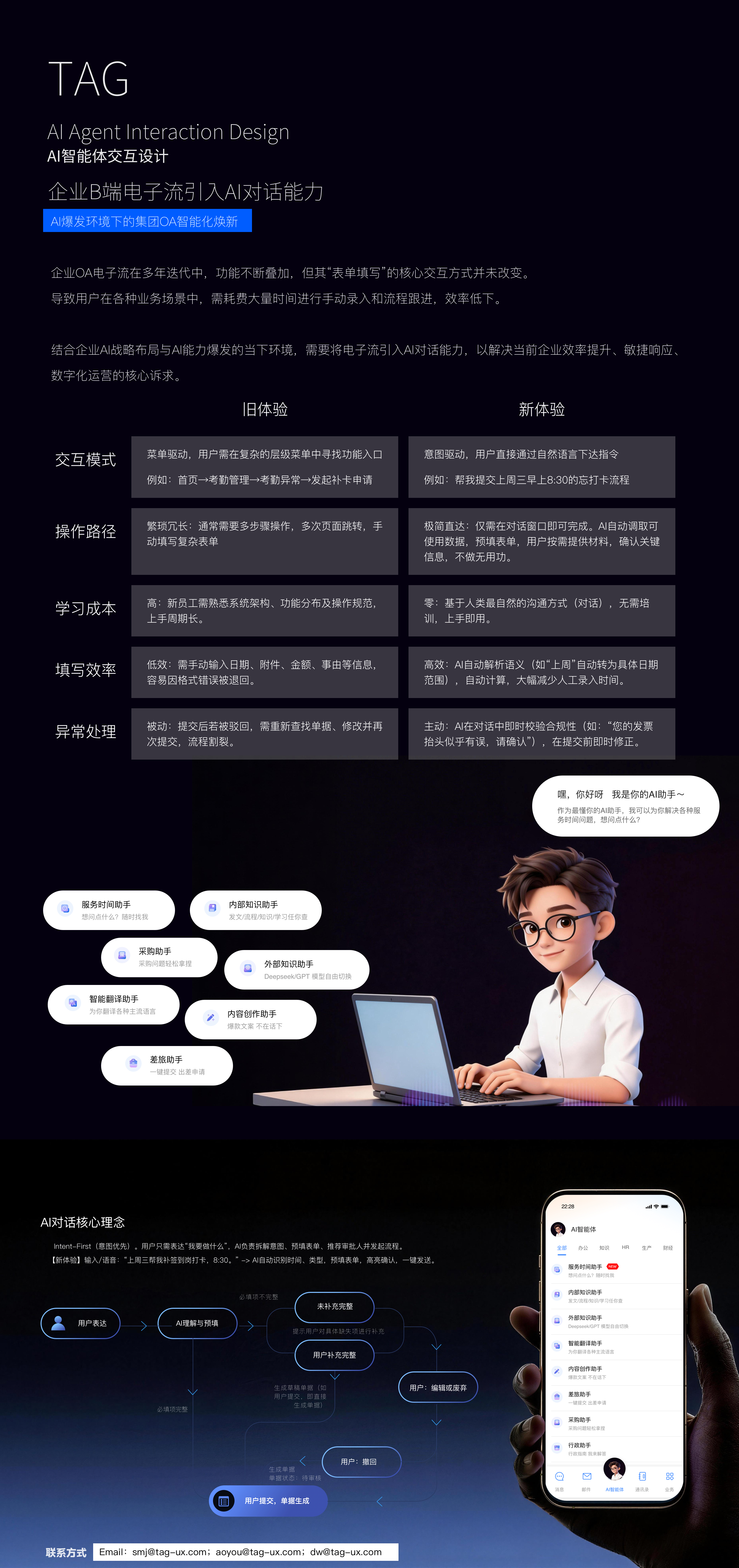 B end，Enterprise Portal，AI agent，Enterprise OA Electronic Flow，AI conversation，AI automatic parsing semantics，Experience Upgrade，ui，