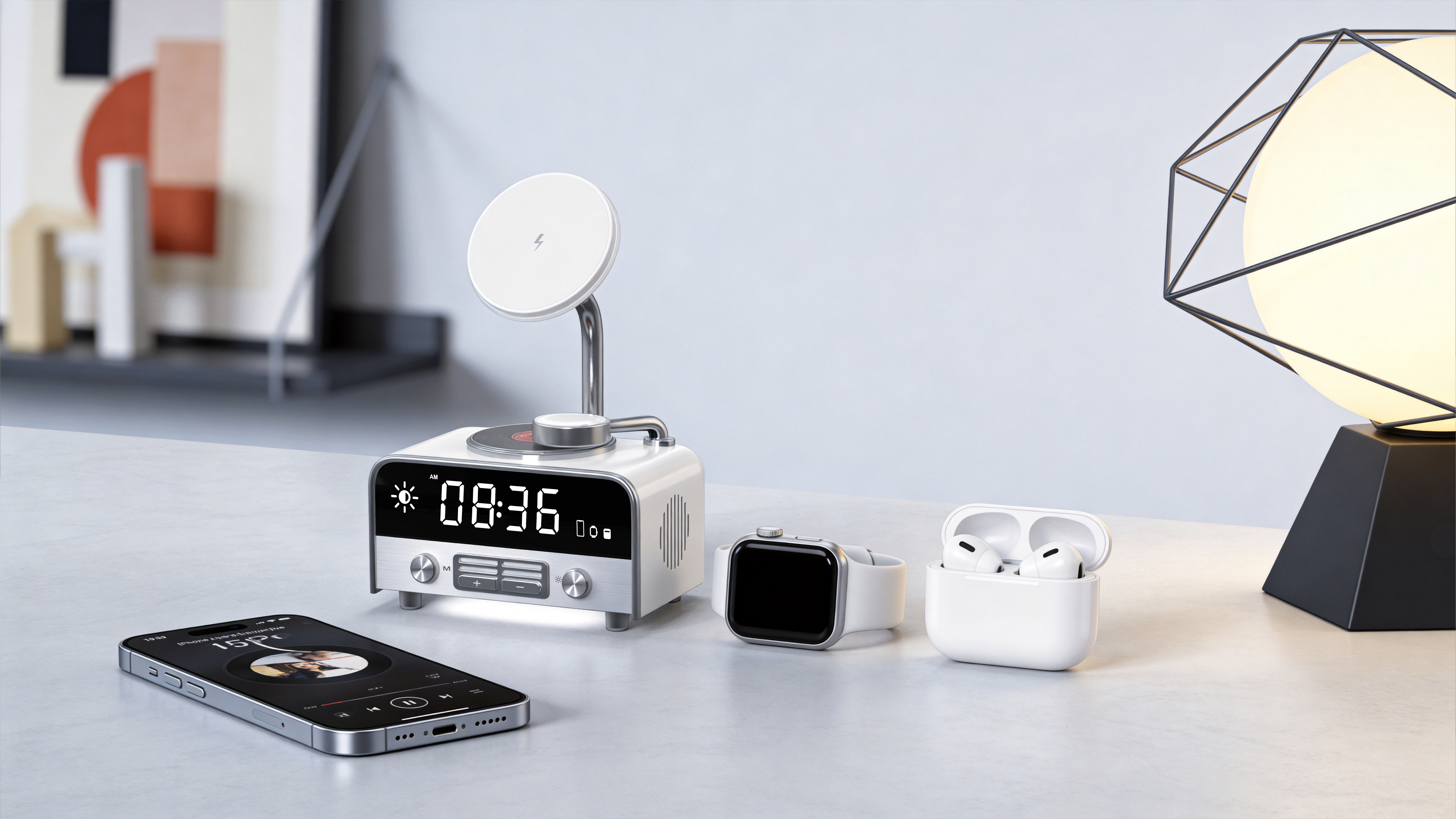 Product design, 3C digital, phonograph, wireless charge all-in-one，