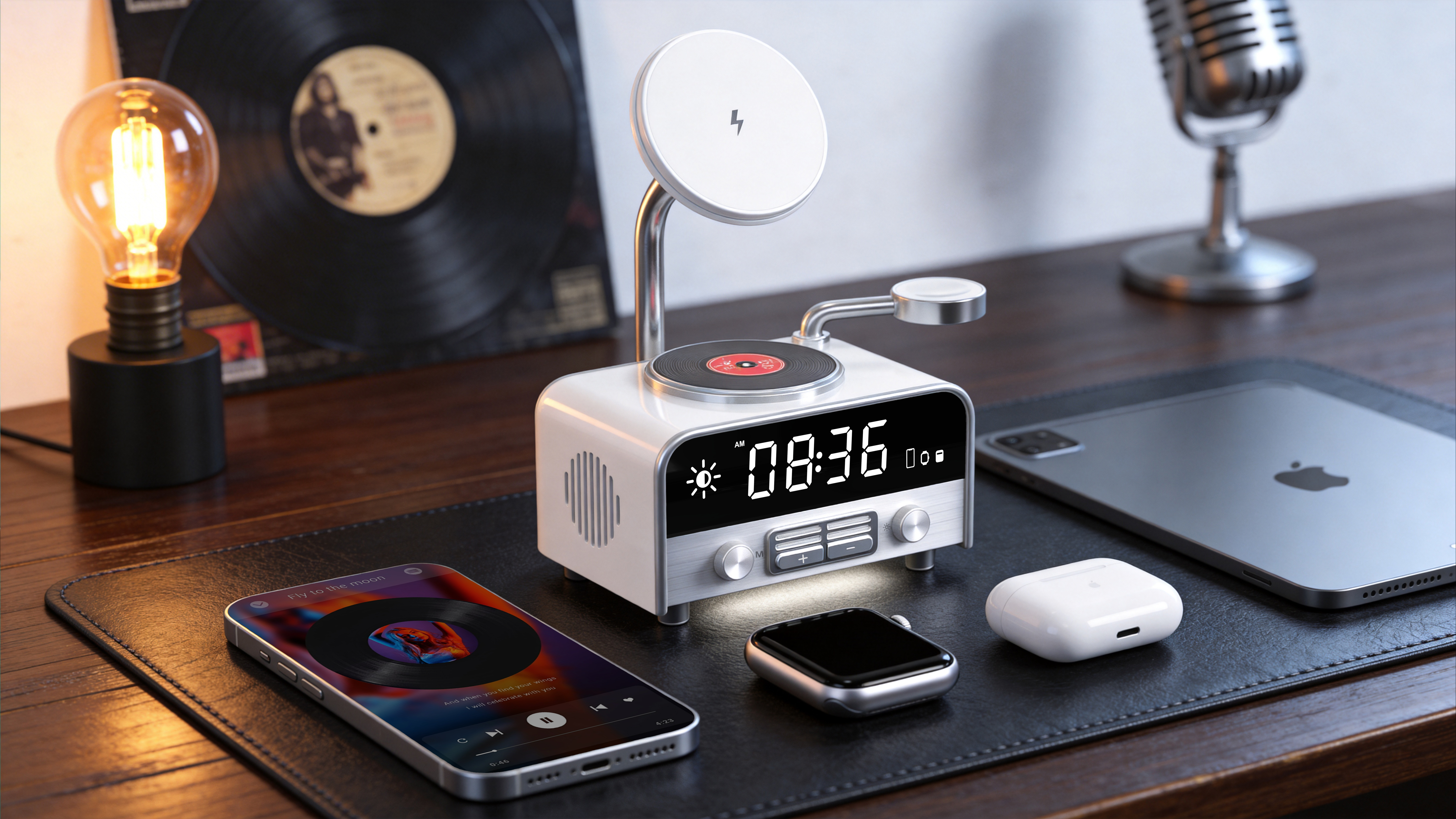 Product design, 3C digital, phonograph, wireless charge all-in-one，