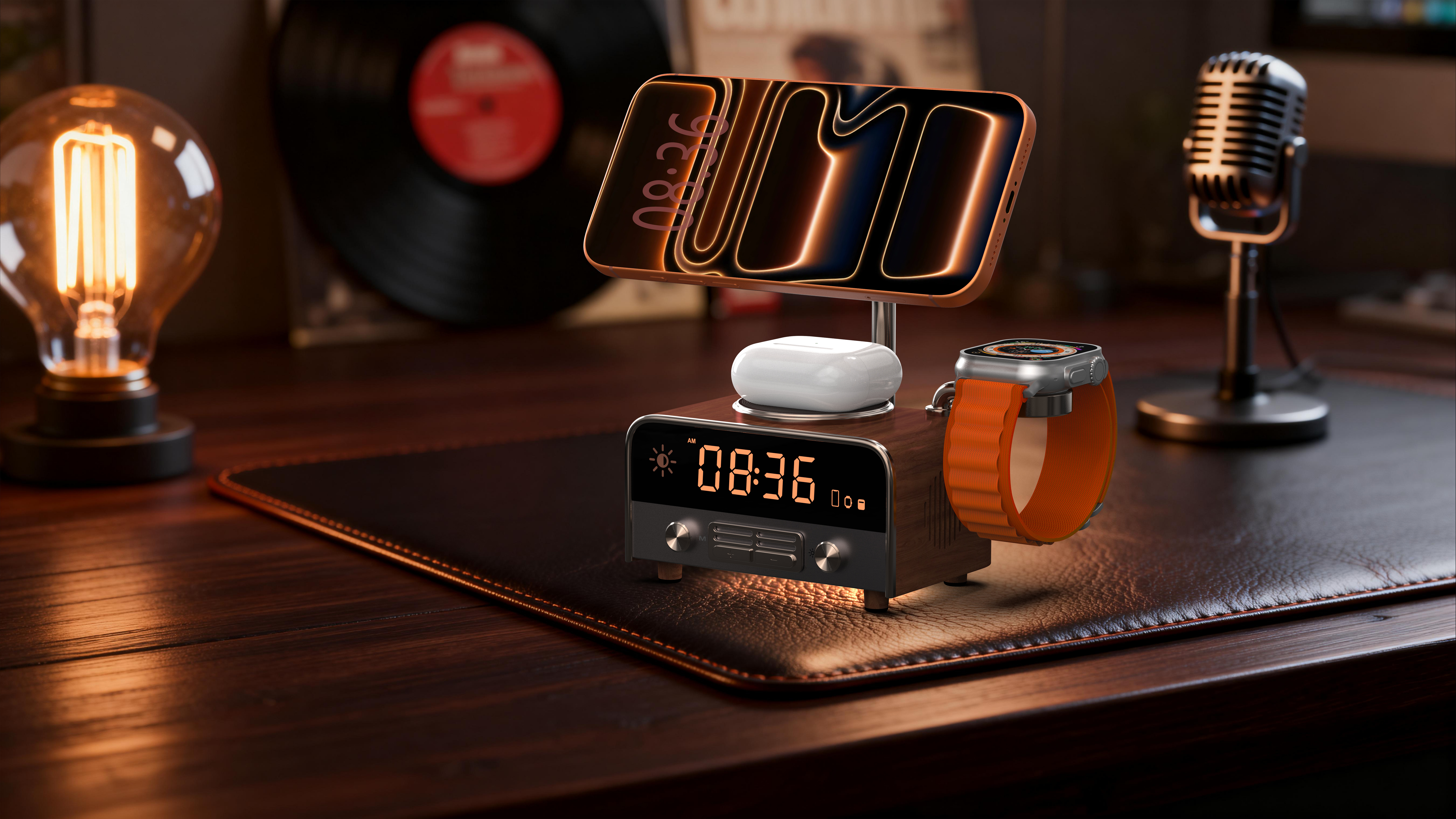 Product design, 3C digital, phonograph, wireless charge all-in-one，