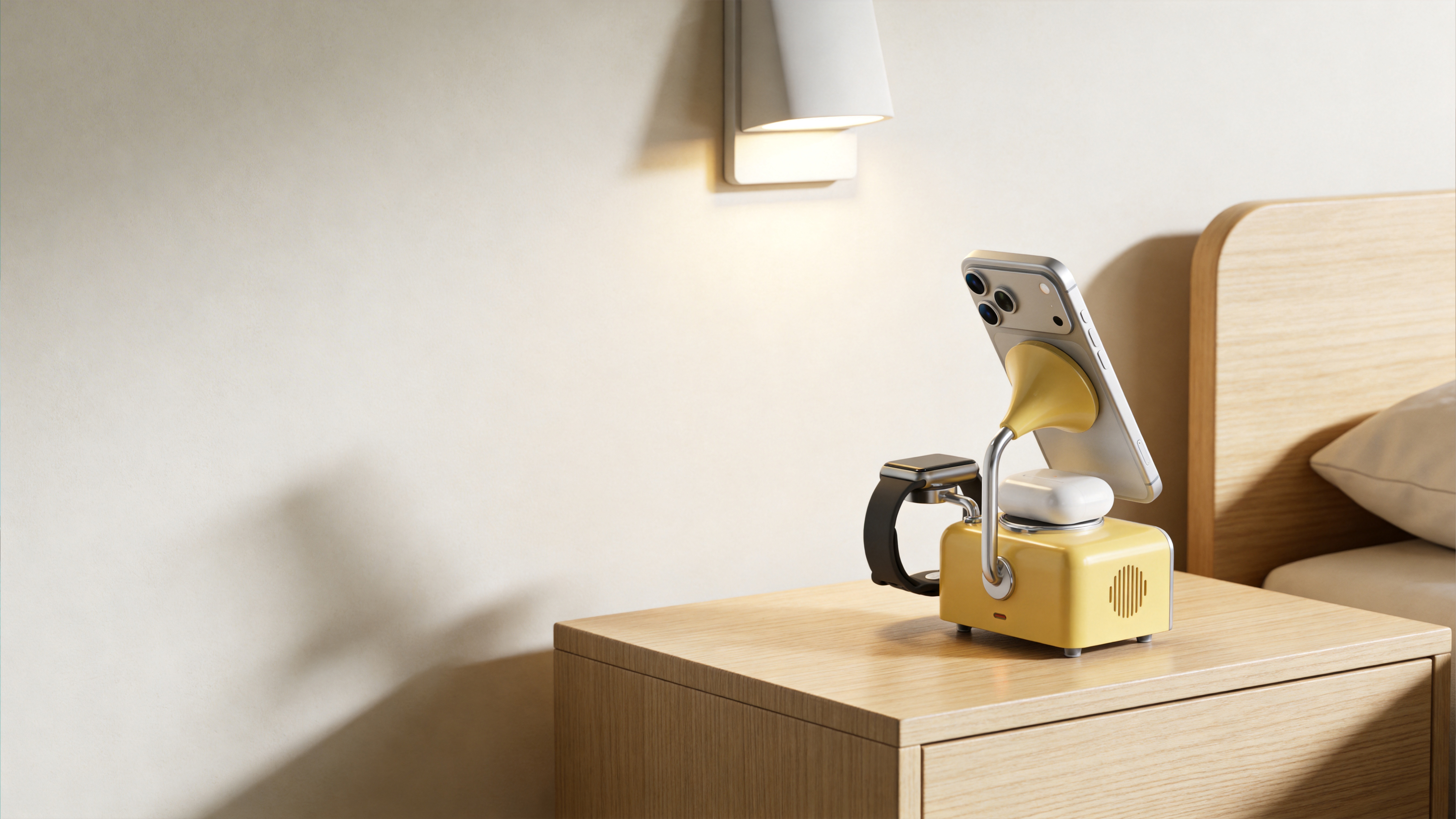 Product design, 3C digital, phonograph, wireless charge all-in-one，