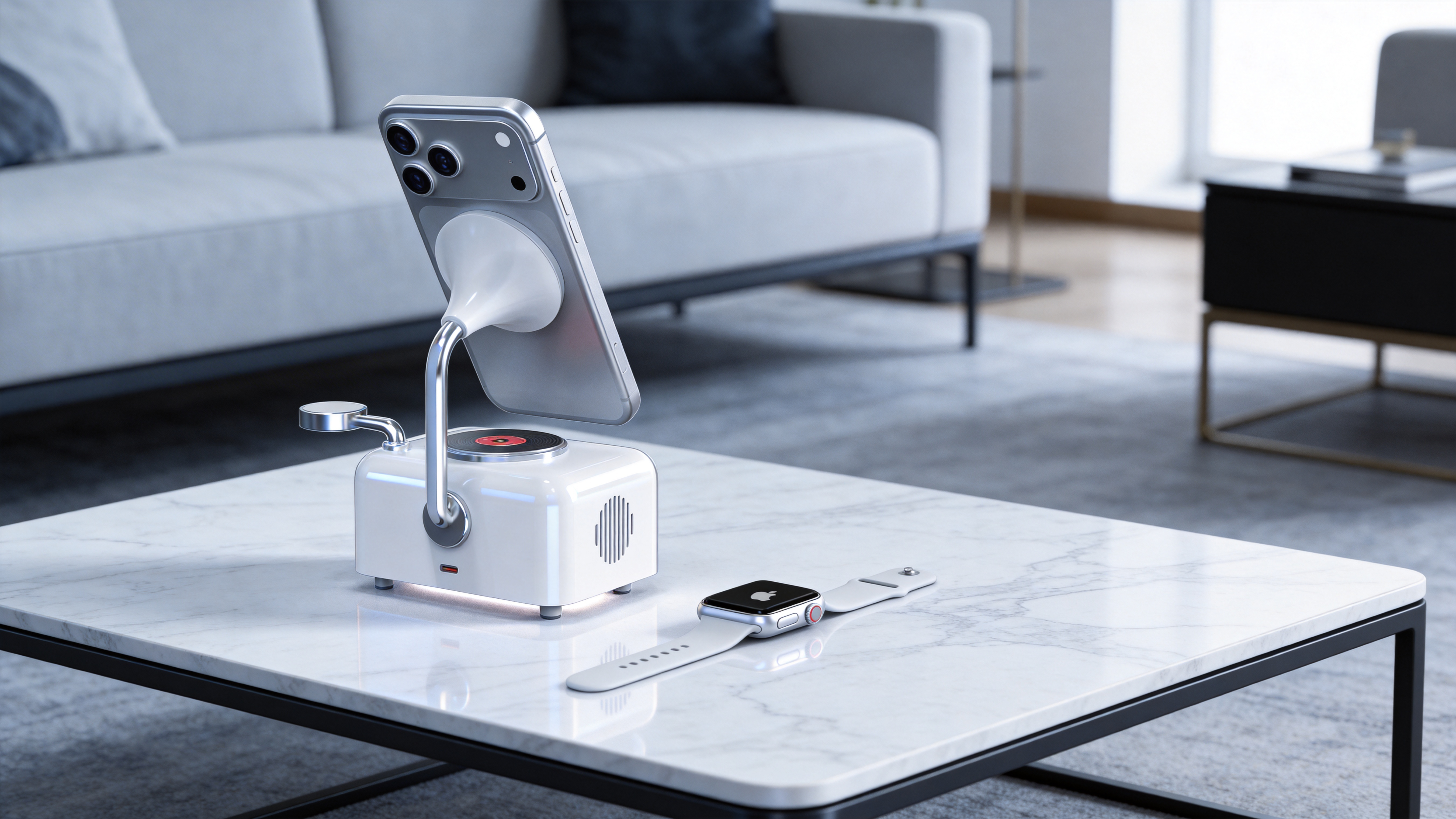 Product design, 3C digital, phonograph, wireless charge all-in-one，