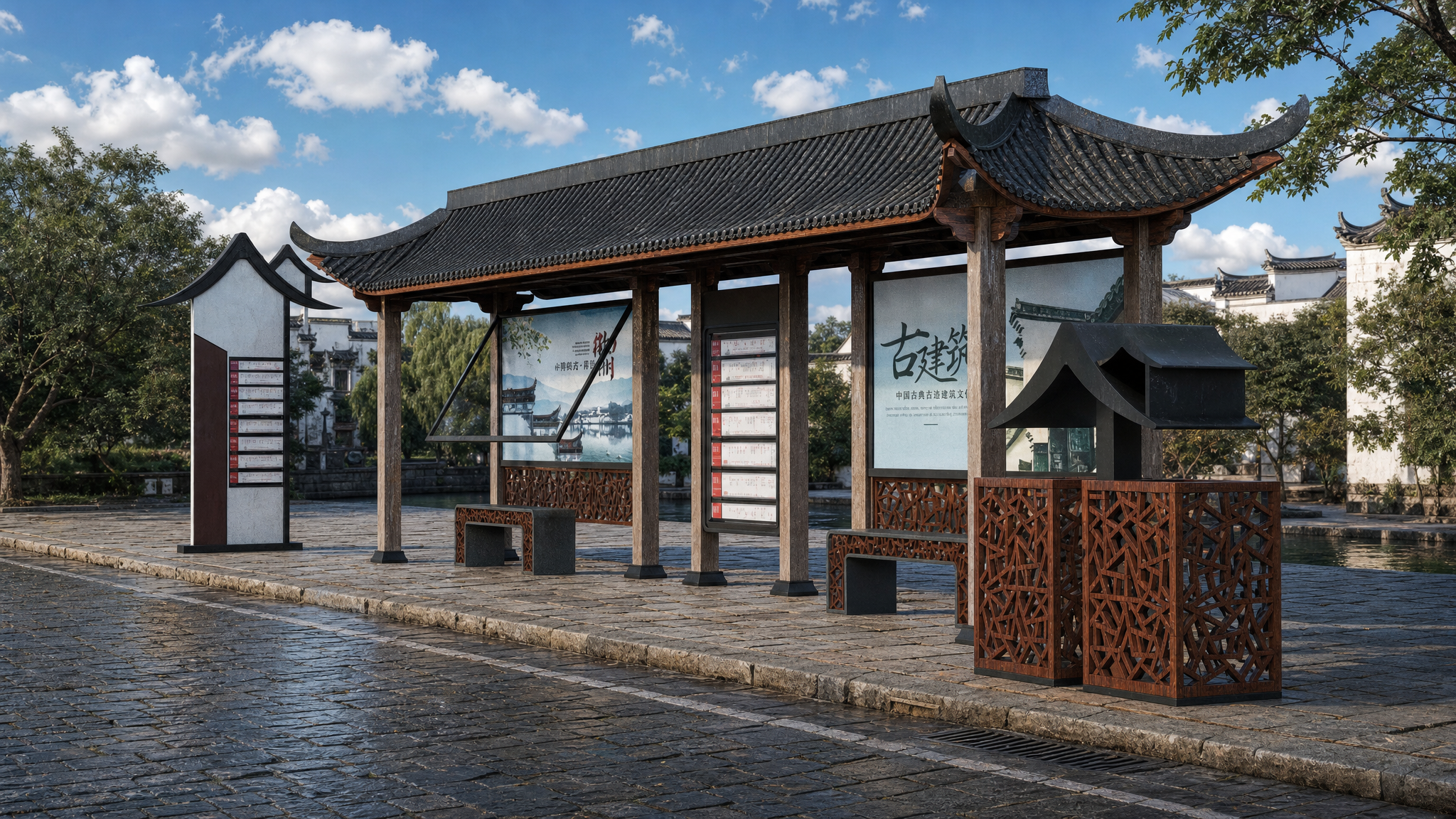 Bus stop，Stop sign，Site，transit，Hui school，Huizhou architecture，Wooden structure，Tile，