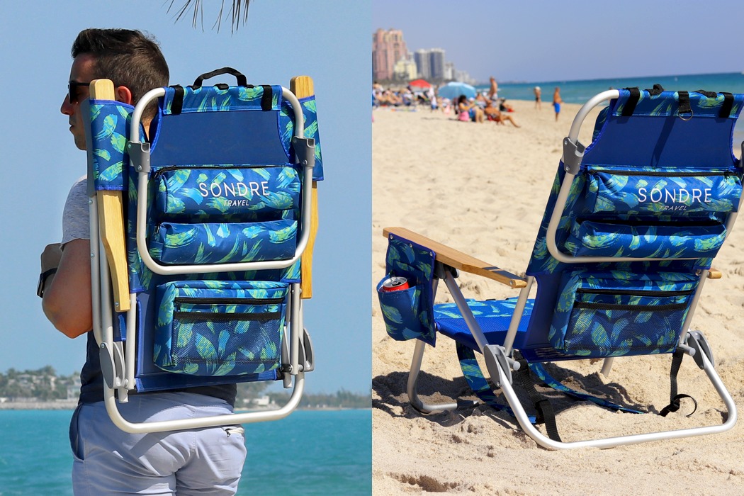 sandy beach，blue，knapsack，chair，Voyage，