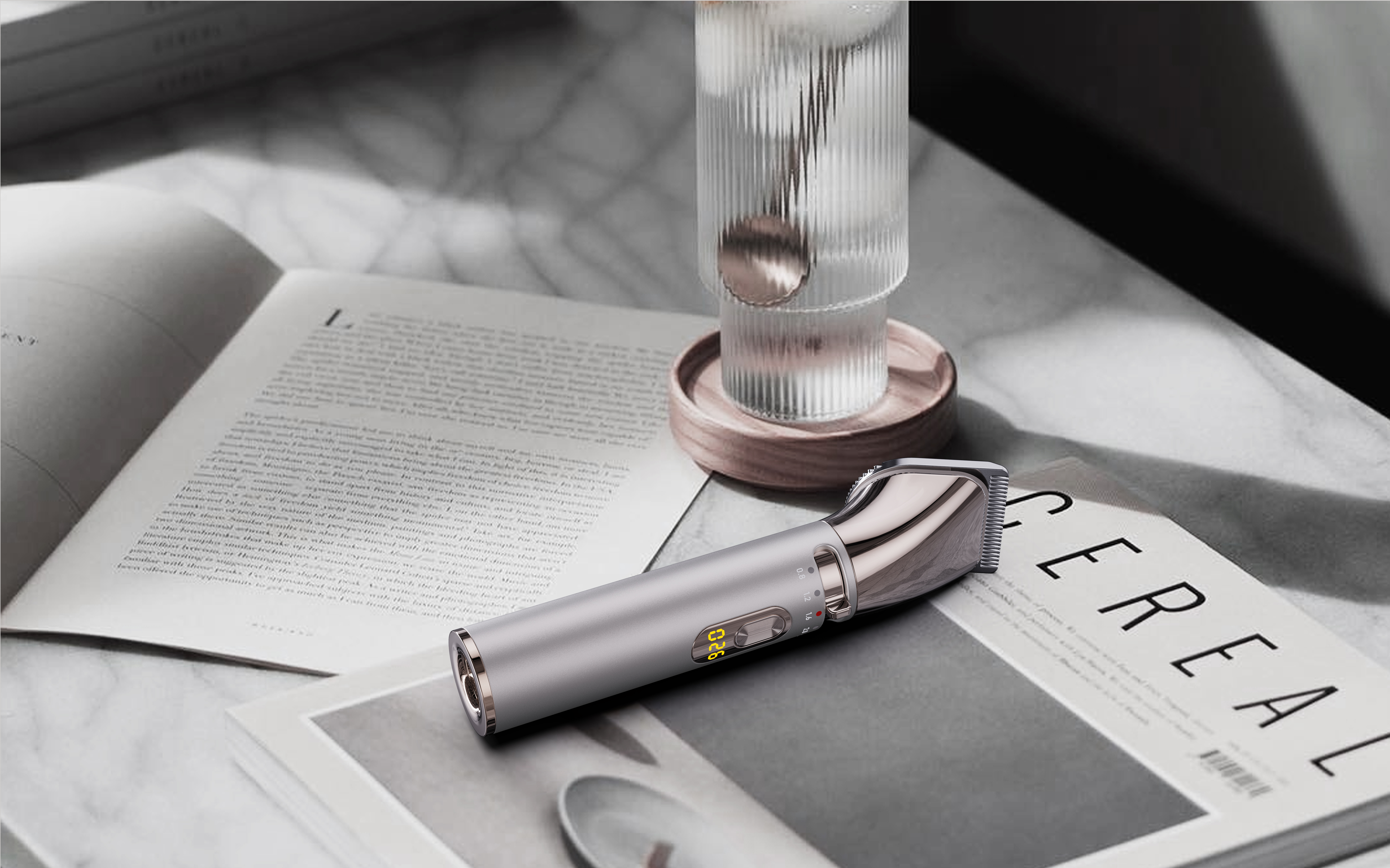 Electric clippers，cylinder，Metallic texture，Minimalist style，Advanced sense，Light luxury，sense of modernity，