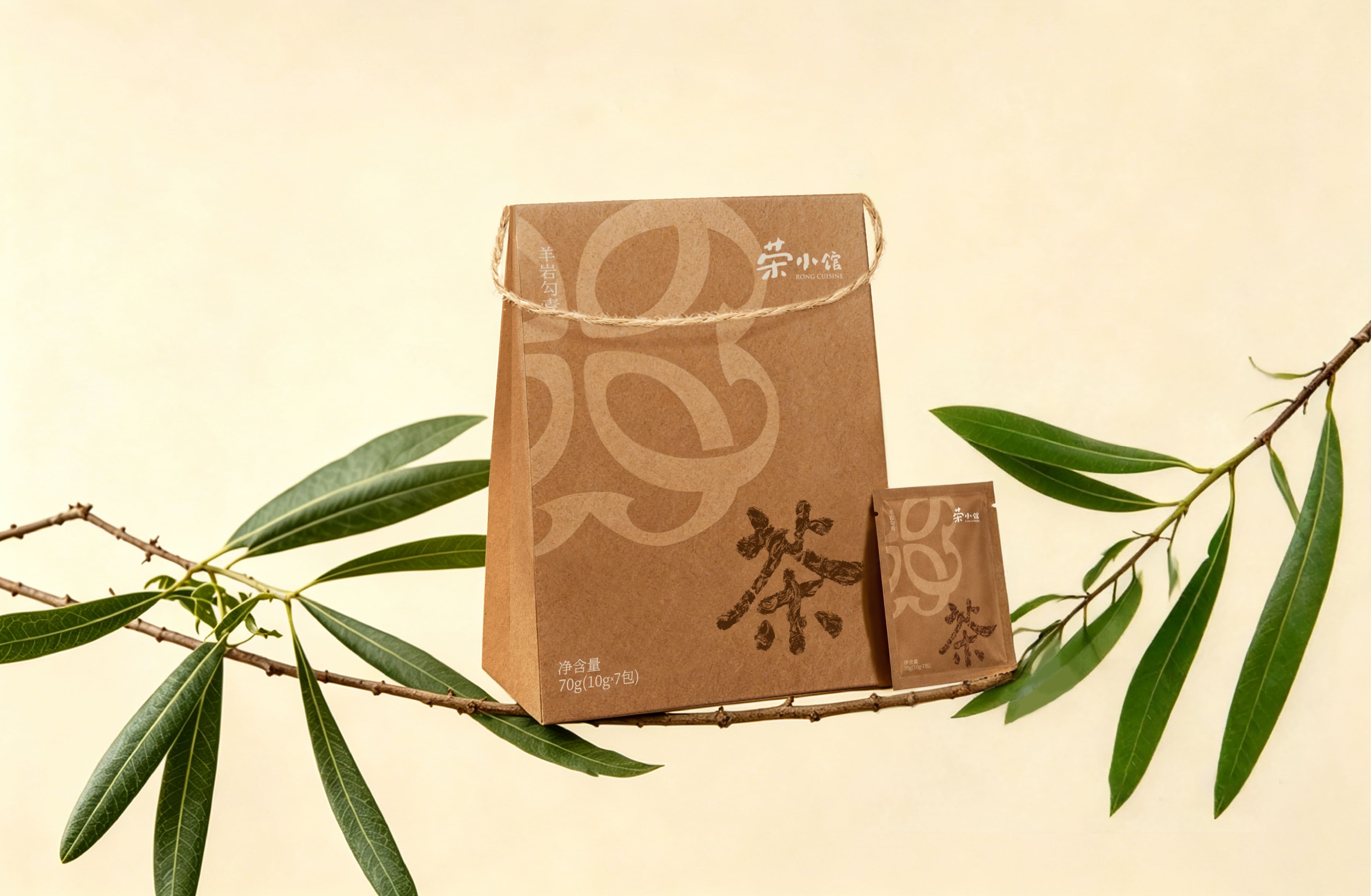 Rong Xiaoguan，Tea packaging，Kraft paper，trapezoidal stand bag，Food packaging，tea，environment protection，simple but elegant，