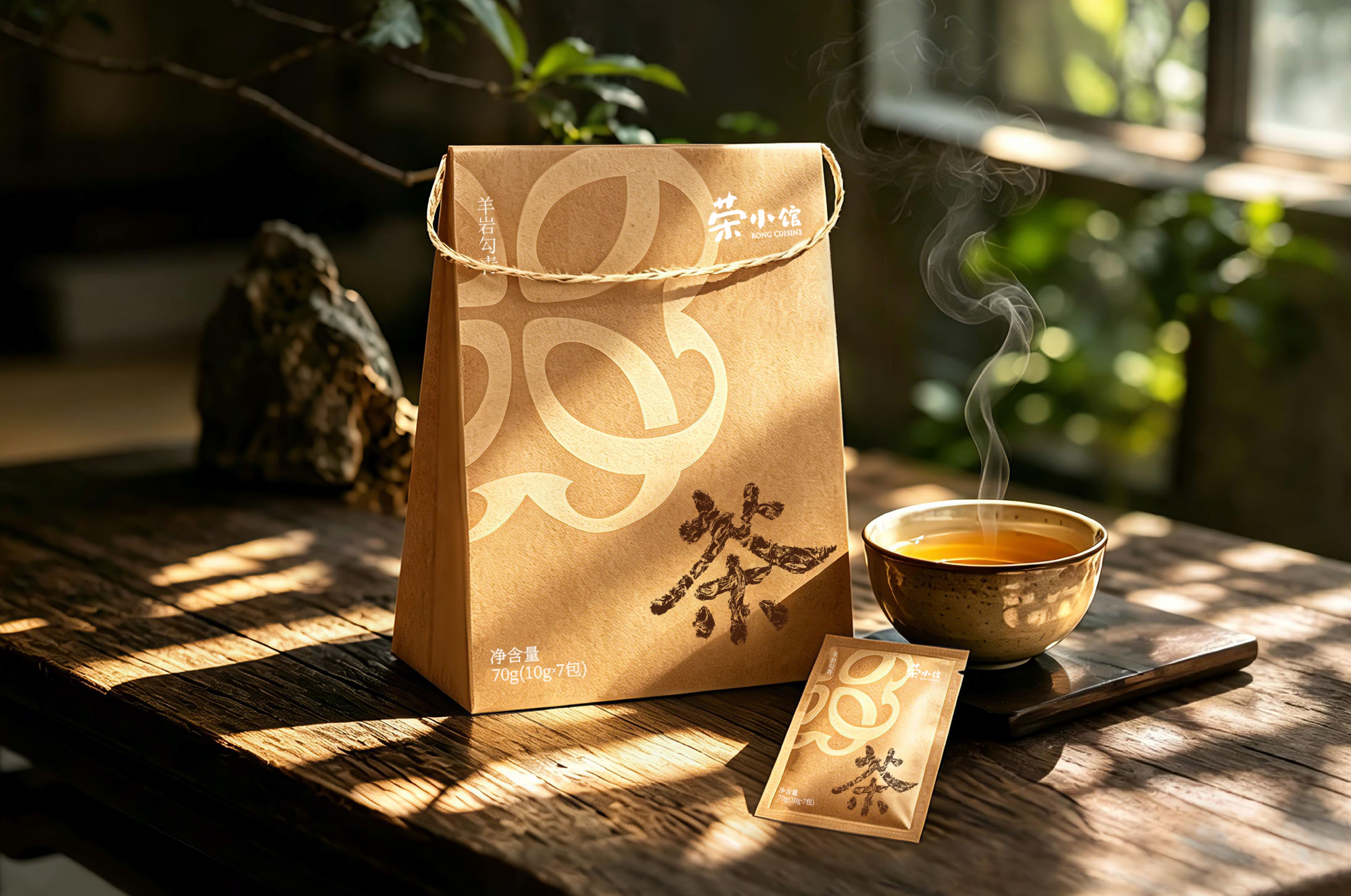 Rong Xiaoguan，Tea packaging，Kraft paper，trapezoidal stand bag，Food packaging，tea，environment protection，simple but elegant，