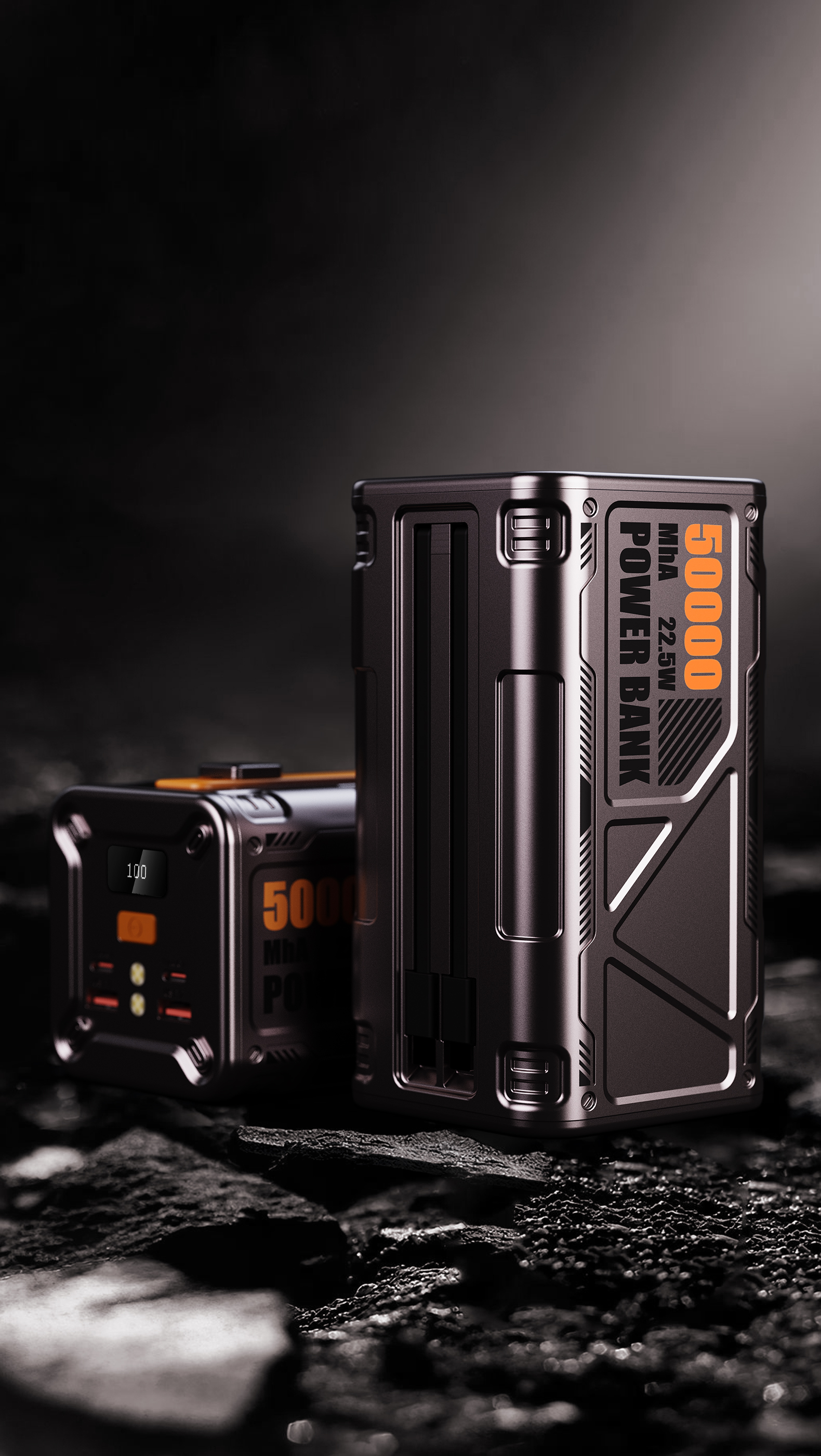 Outdoor mobile power supply，50000mAh battery，Outdoor emergency flashlight，Portable handle，Mecha wind，Industrial wind，Color contrast design，100W bidirectional fast charge，