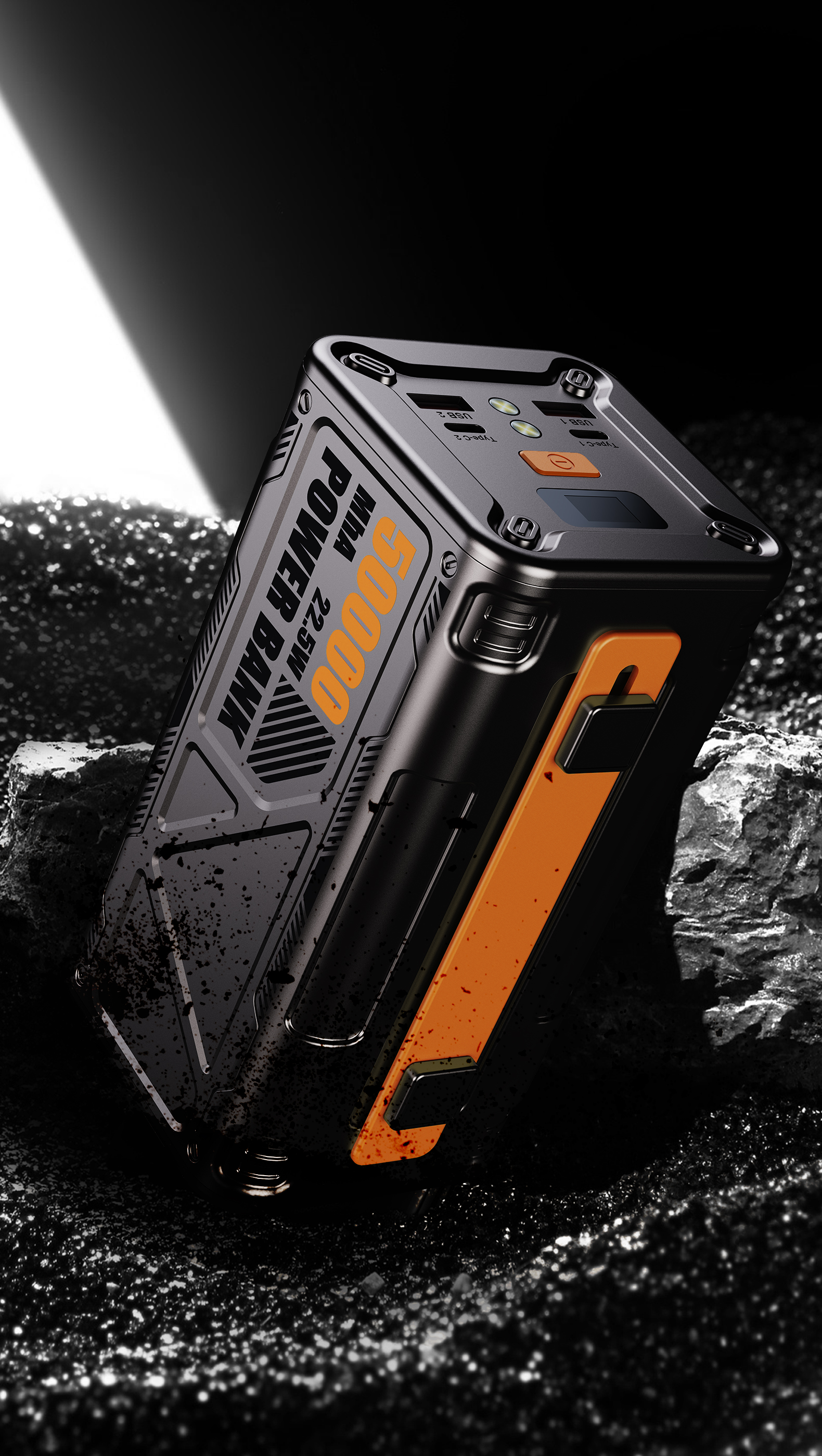 Outdoor mobile power supply，50000mAh battery，Outdoor emergency flashlight，Portable handle，Mecha wind，Industrial wind，Color contrast design，100W bidirectional fast charge，