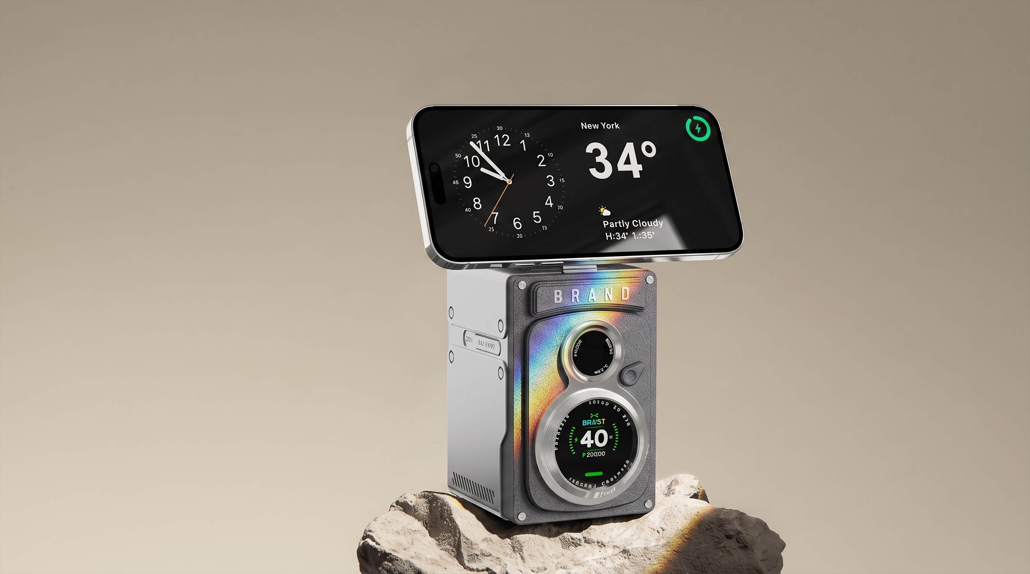 Three in one wireless charging，Desktop charging，Retro camera，Future machinery，