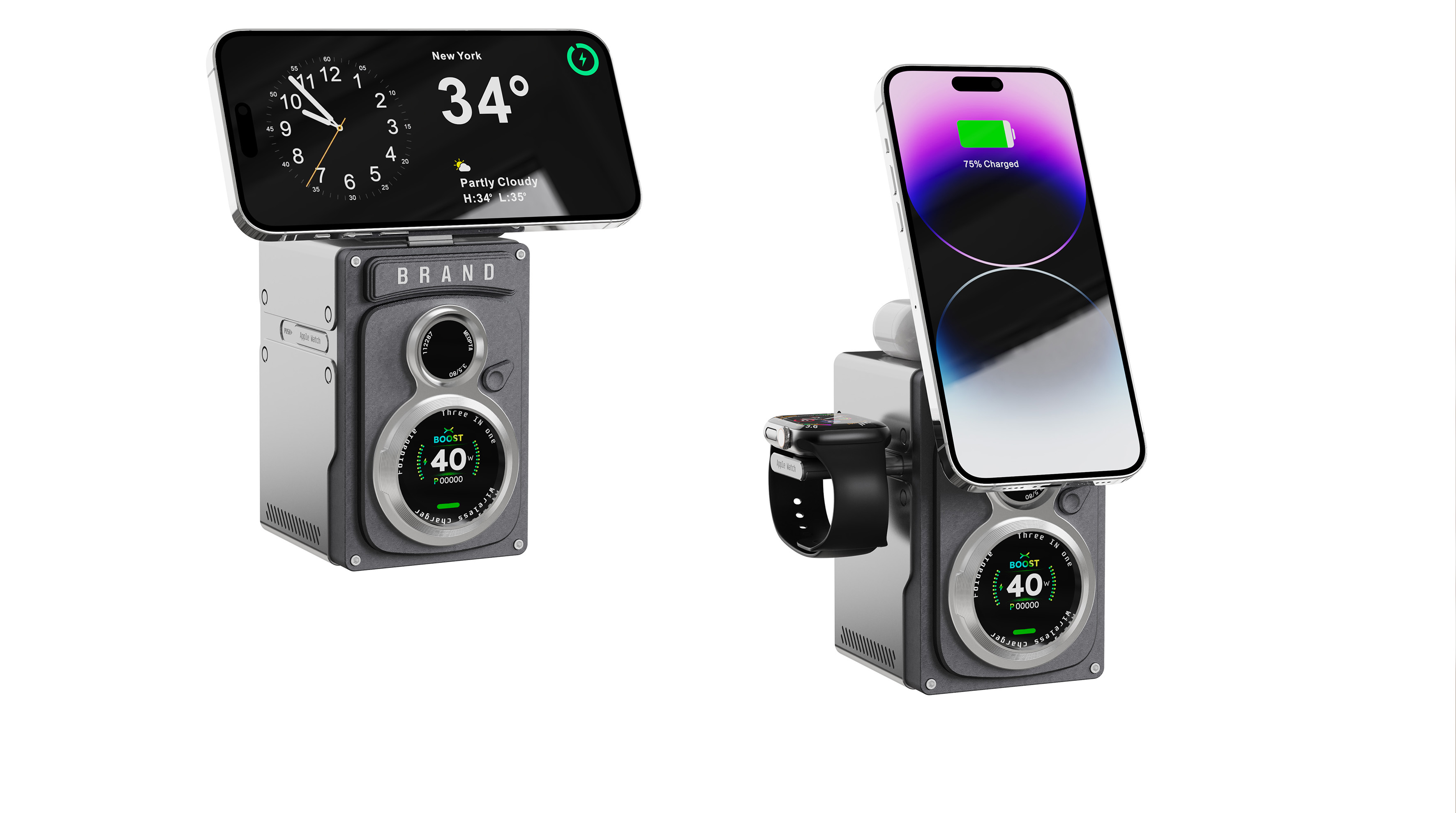 Three in one wireless charging，Desktop charging，Retro camera，Future machinery，