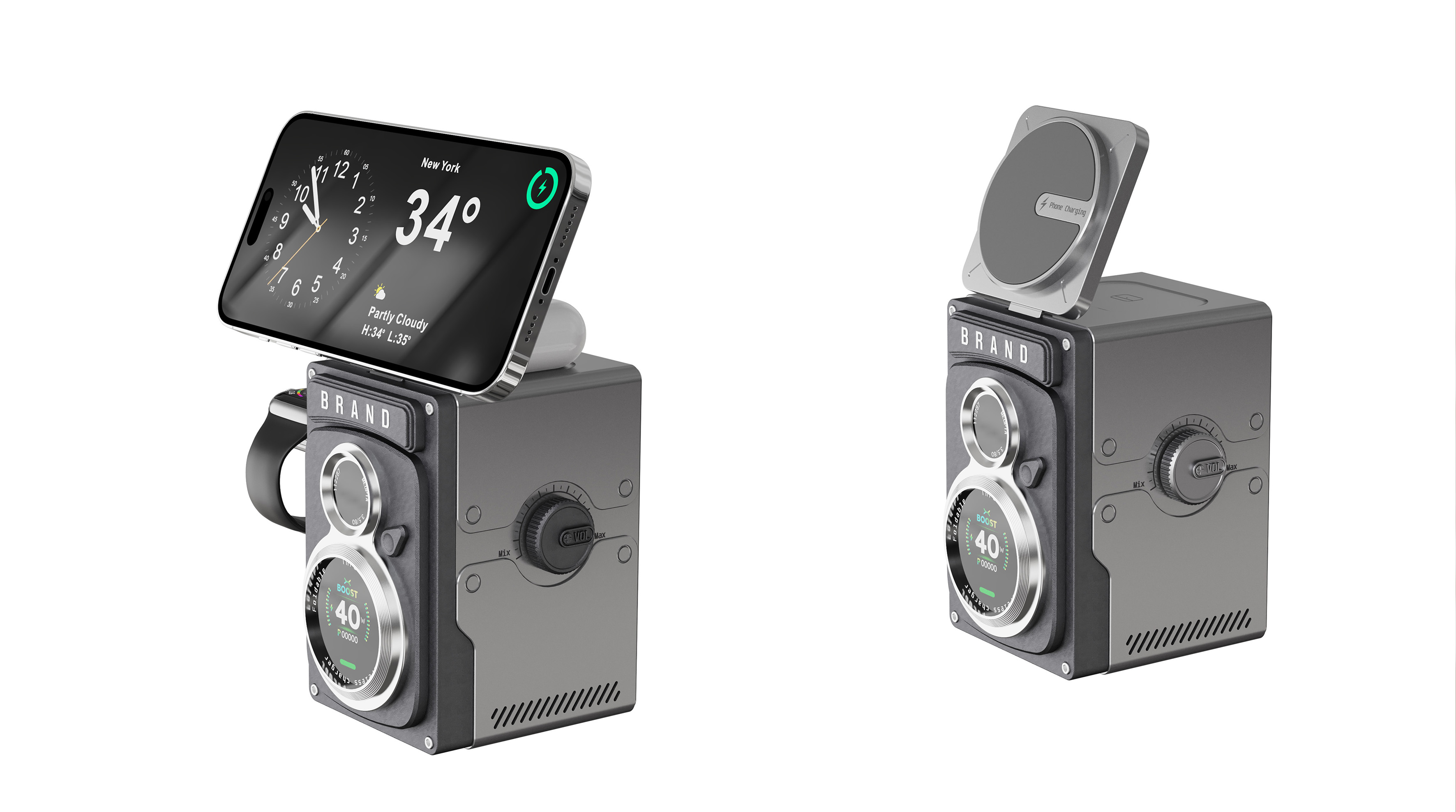 Three in one wireless charging，Desktop charging，Retro camera，Future machinery，