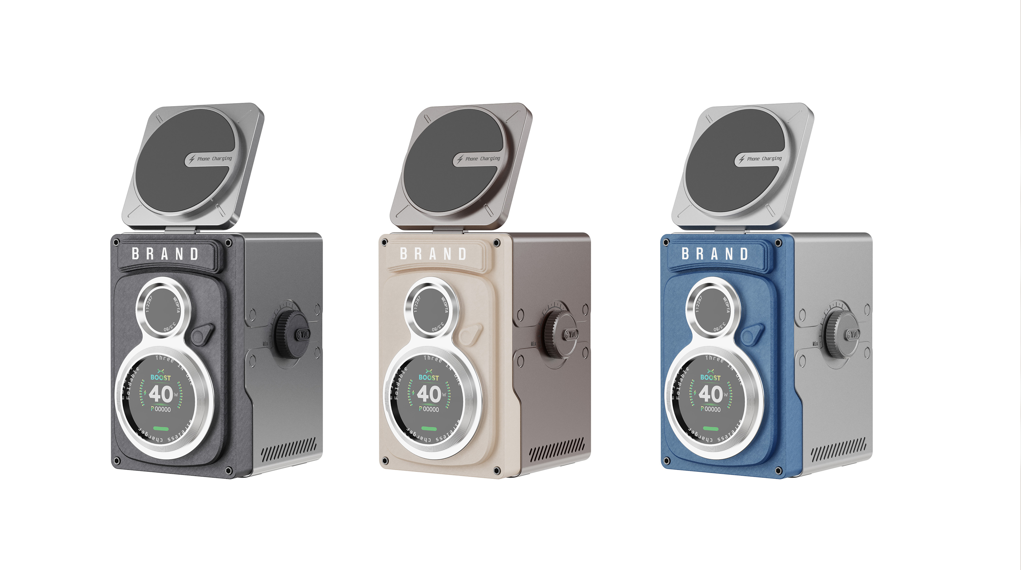 Three in one wireless charging，Desktop charging，Retro camera，Future machinery，