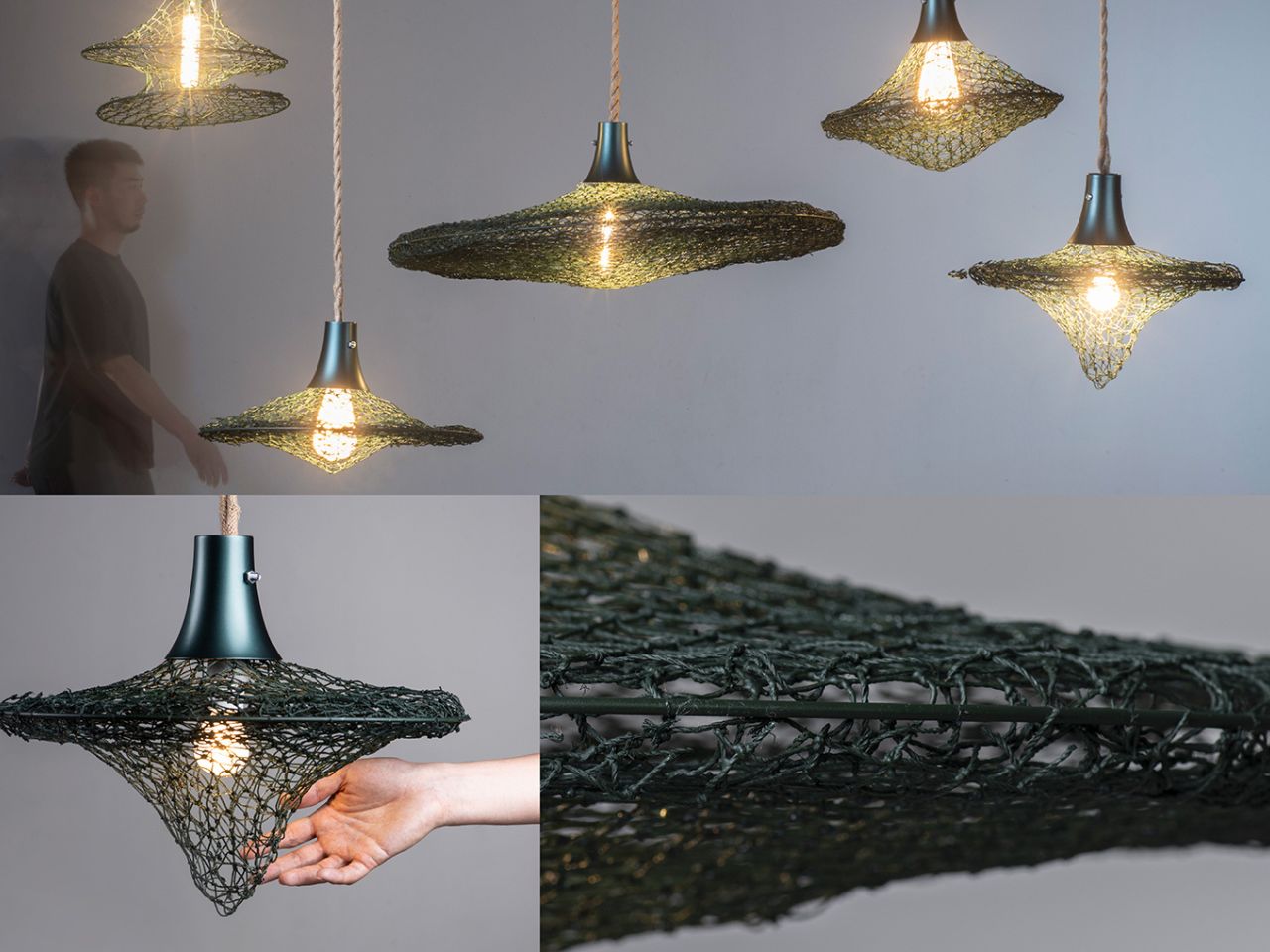 Abandoned fishing nets，Marine plastics，Sustainable design，weave，Lighting lamps，