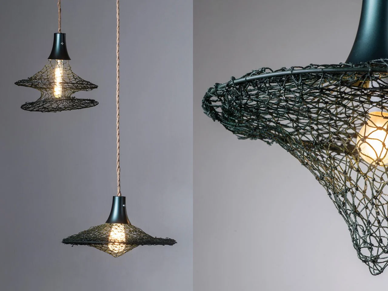 Abandoned fishing nets，Marine plastics，Sustainable design，weave，Lighting lamps，