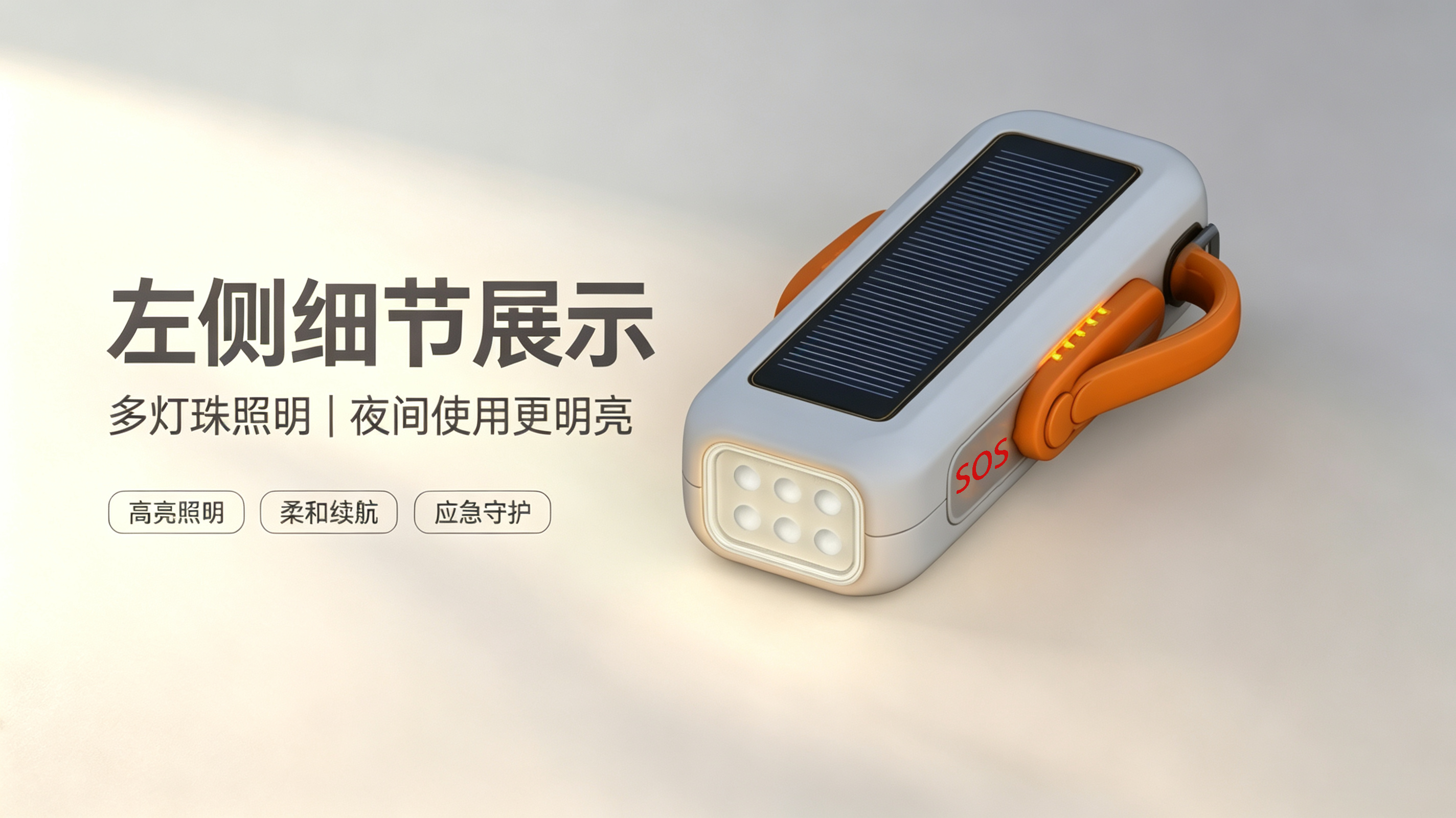 Portable solar emergency light，solar self-charging，SOS distress light，industrial design，Portable lighting，