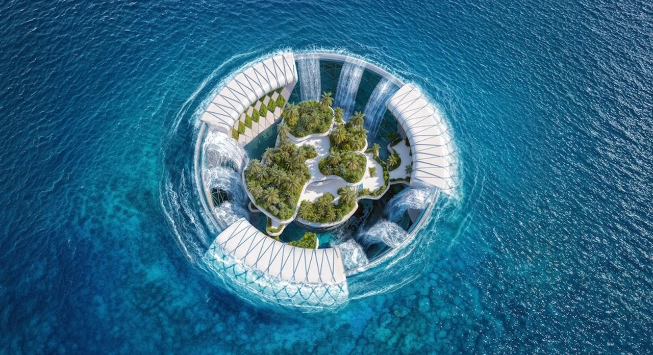 Artificial waterfall power generation，transparent vertical，Rehabilitation Center，environment protection，Ocean Hybrid Infrastructure，