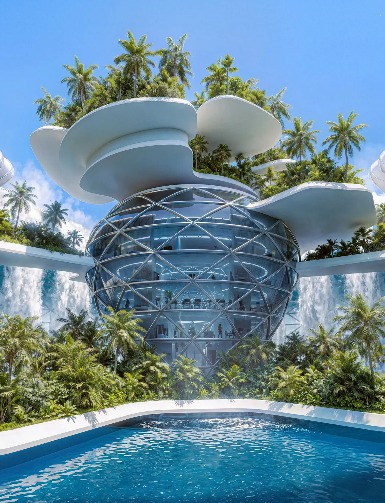 Artificial waterfall power generation，transparent vertical，Rehabilitation Center，environment protection，Ocean Hybrid Infrastructure，