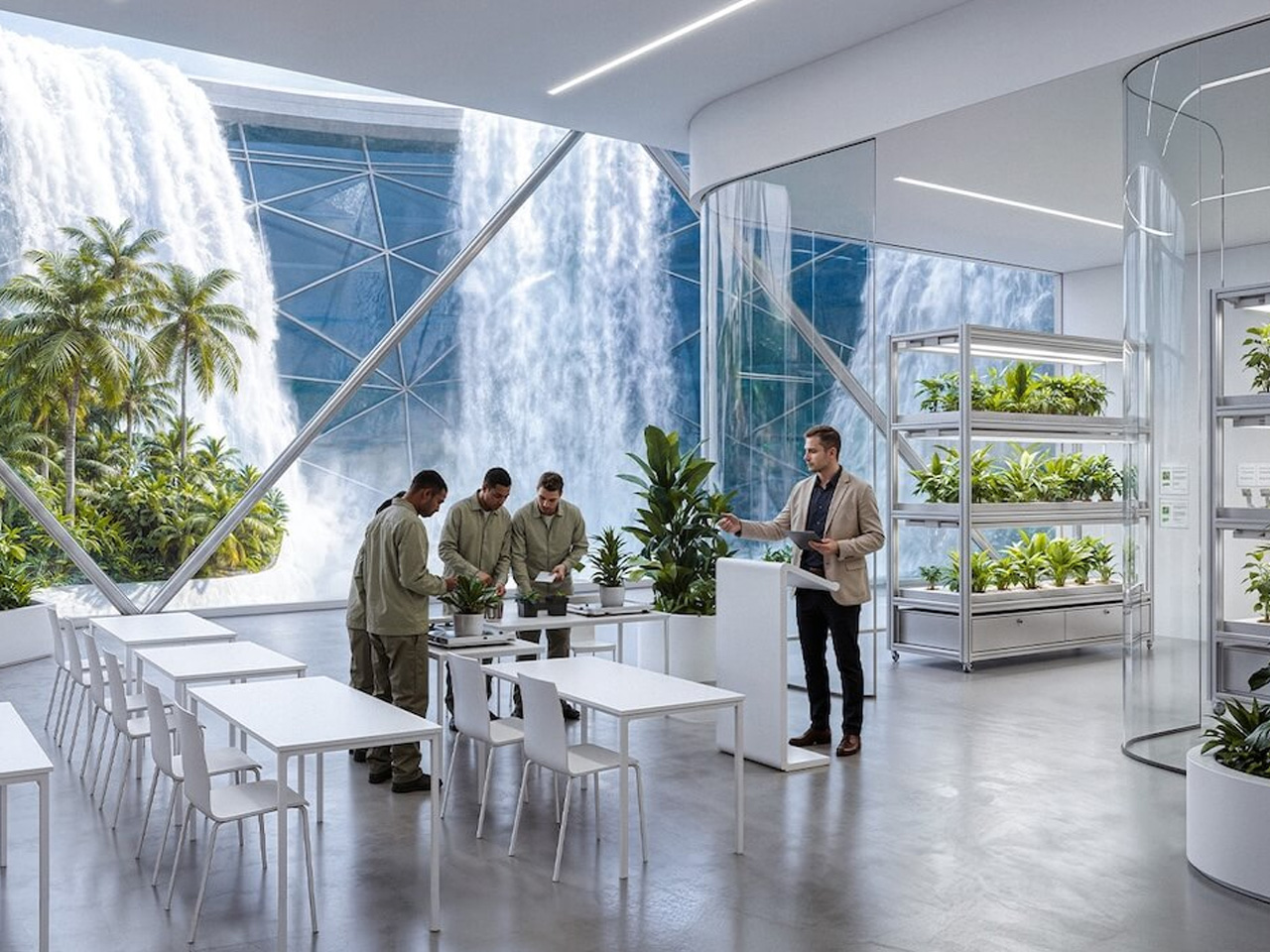 Artificial waterfall power generation，transparent vertical，Rehabilitation Center，environment protection，Ocean Hybrid Infrastructure，