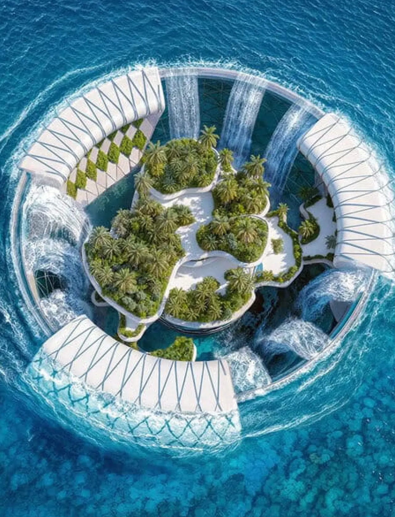 Artificial waterfall power generation，transparent vertical，Rehabilitation Center，environment protection，Ocean Hybrid Infrastructure，