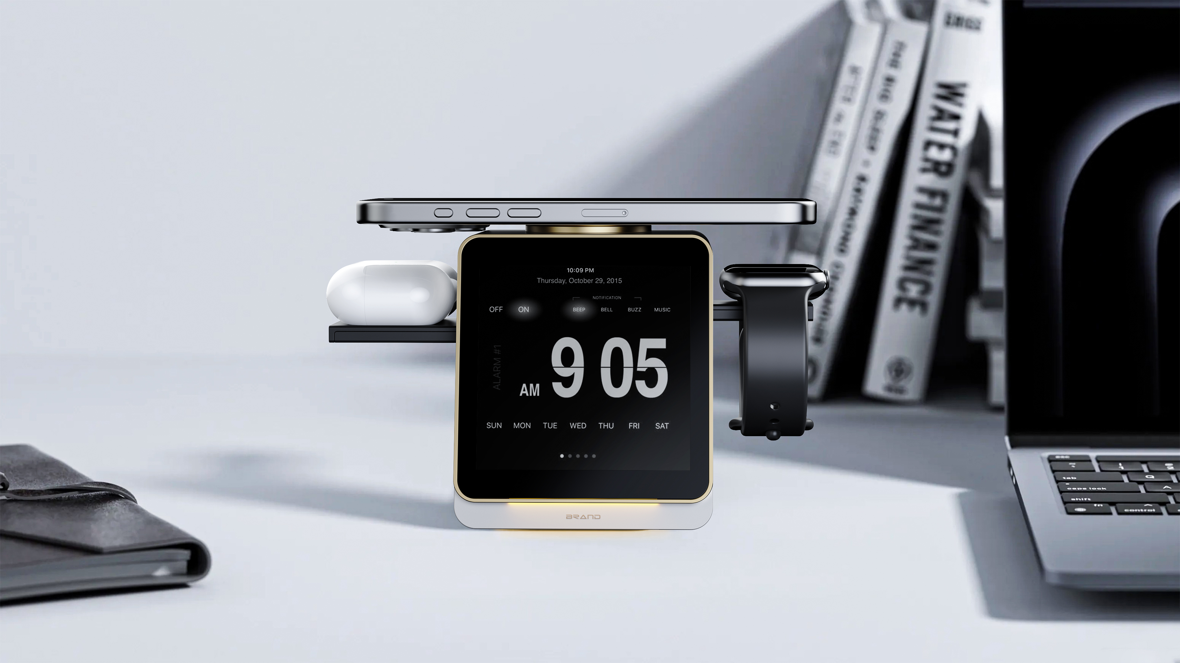 industrial design，Three in one wireless charging，Bluetooth speaker design，Desktop Aesthetics，Smart home，YX Design，Structural design，Minimalist Electronics，