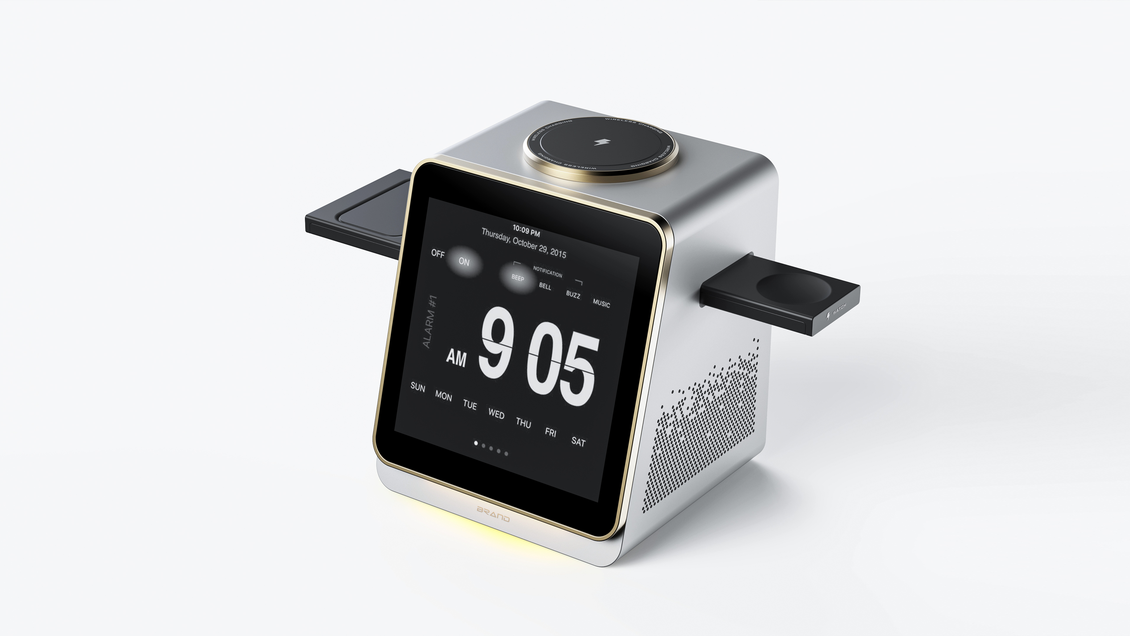 industrial design，Three in one wireless charging，Bluetooth speaker design，Desktop Aesthetics，Smart home，YX Design，Structural design，Minimalist Electronics，